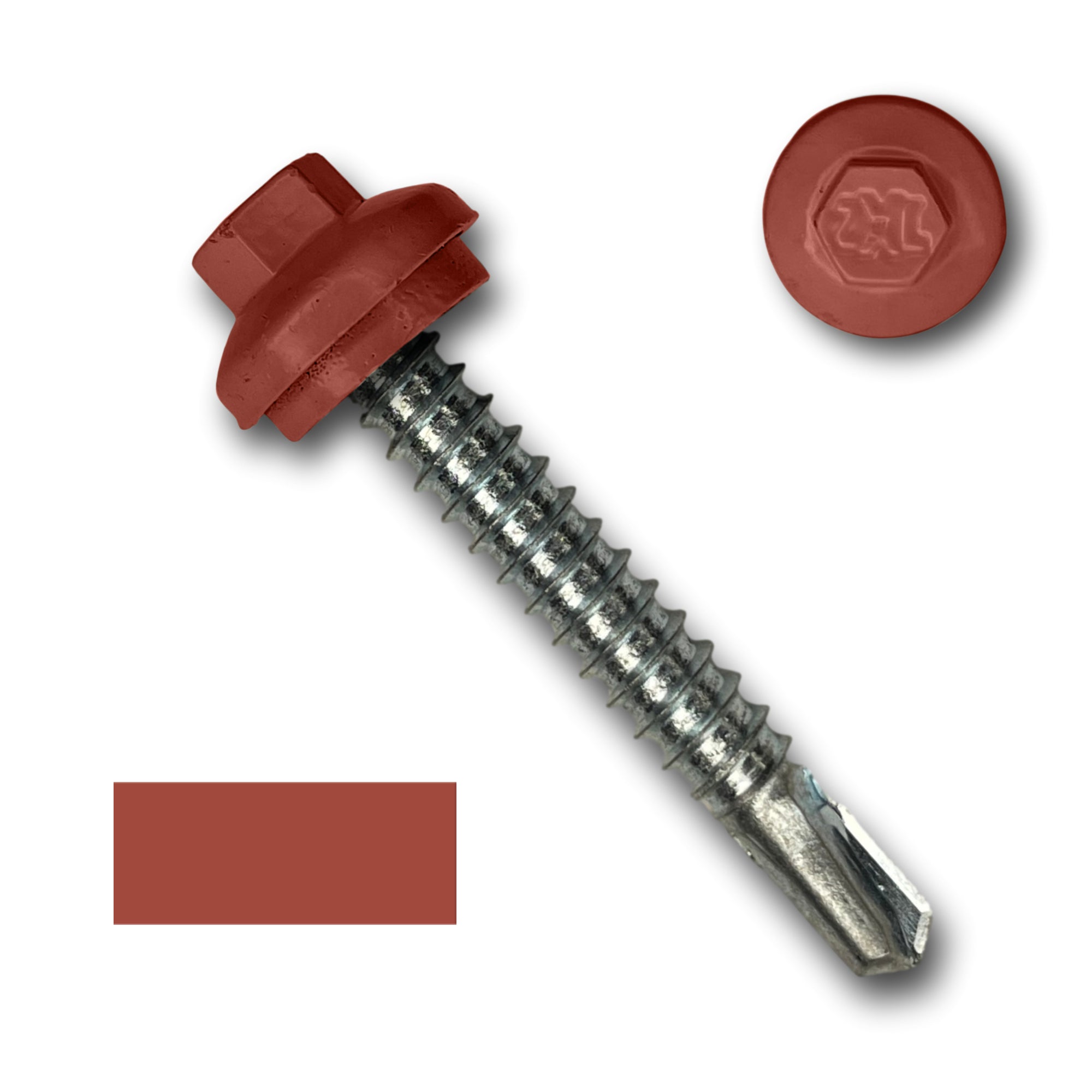 A number 12 Diameter Metal Roofing Screw that is 1.5 inches long with a 5/16 inch Hex Head and an EPDM Rubber Washer. The screw features a self-drilling tip for drilling into steel purlins and a Dome Cap that completely covers the washer. There is a color swatch of the screw head in the bottom left corner and a close-up of the screw head in the top right corner. The screw head is Barn Red in color.