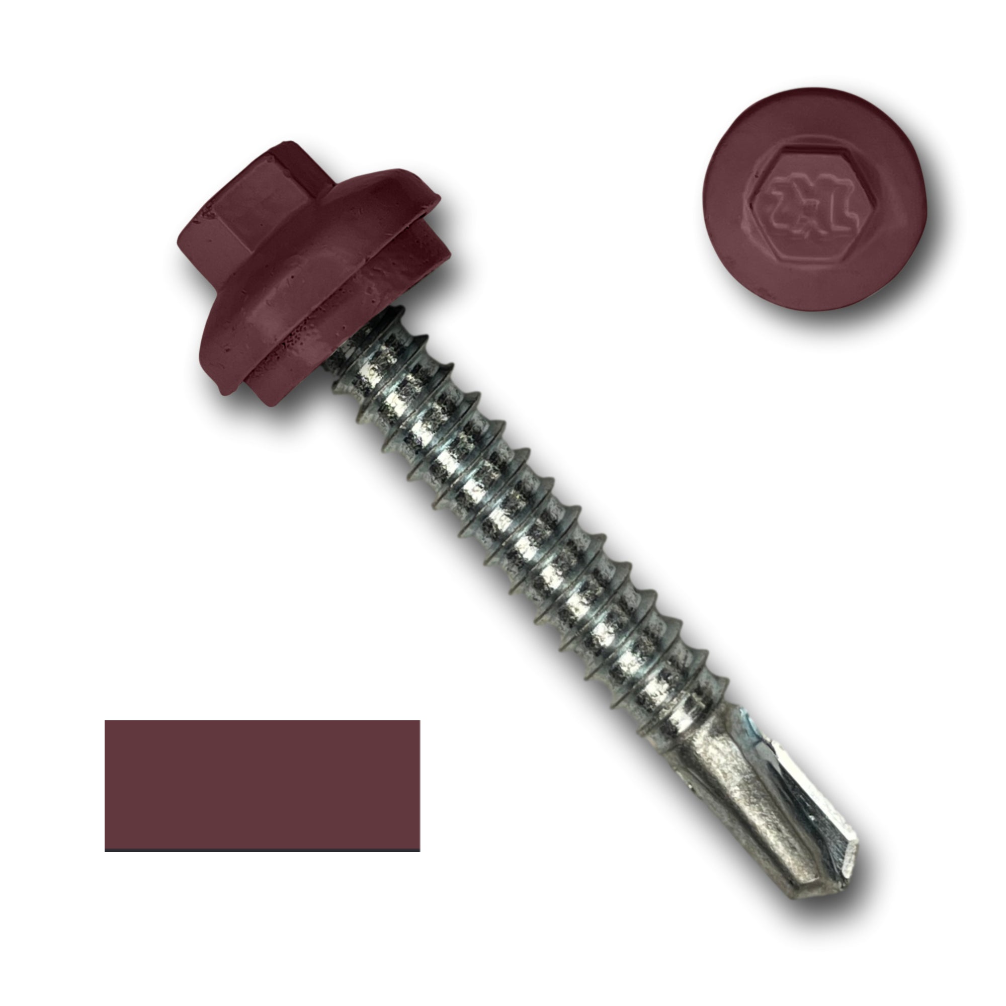 A number 12 Diameter Metal Roofing Screw that is 1.5 inches long with a 5/16 inch Hex Head and an EPDM Rubber Washer. The screw features a self-drilling tip for drilling into steel purlins and a Dome Cap that completely covers the washer. There is a color swatch of the screw head in the bottom left corner and a close-up of the screw head in the top right corner. The screw head is Burgundy in color.