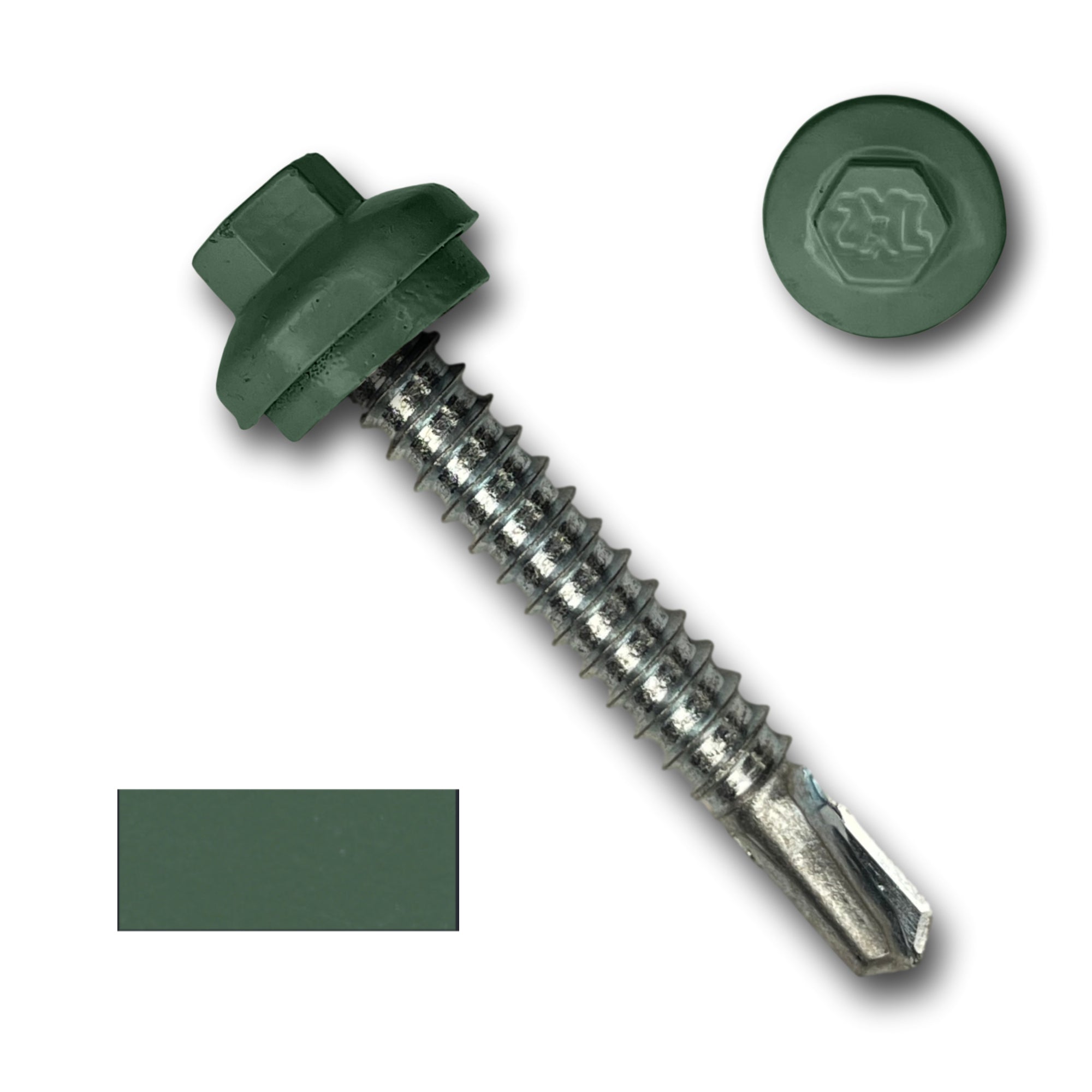 A number 12 Diameter Metal Roofing Screw that is 1.5 inches long with a 5/16 inch Hex Head and an EPDM Rubber Washer. The screw features a self-drilling tip for drilling into steel purlins and a Dome Cap that completely covers the washer. There is a color swatch of the screw head in the bottom left corner and a close-up of the screw head in the top right corner. The screw head is Evergreen in color.