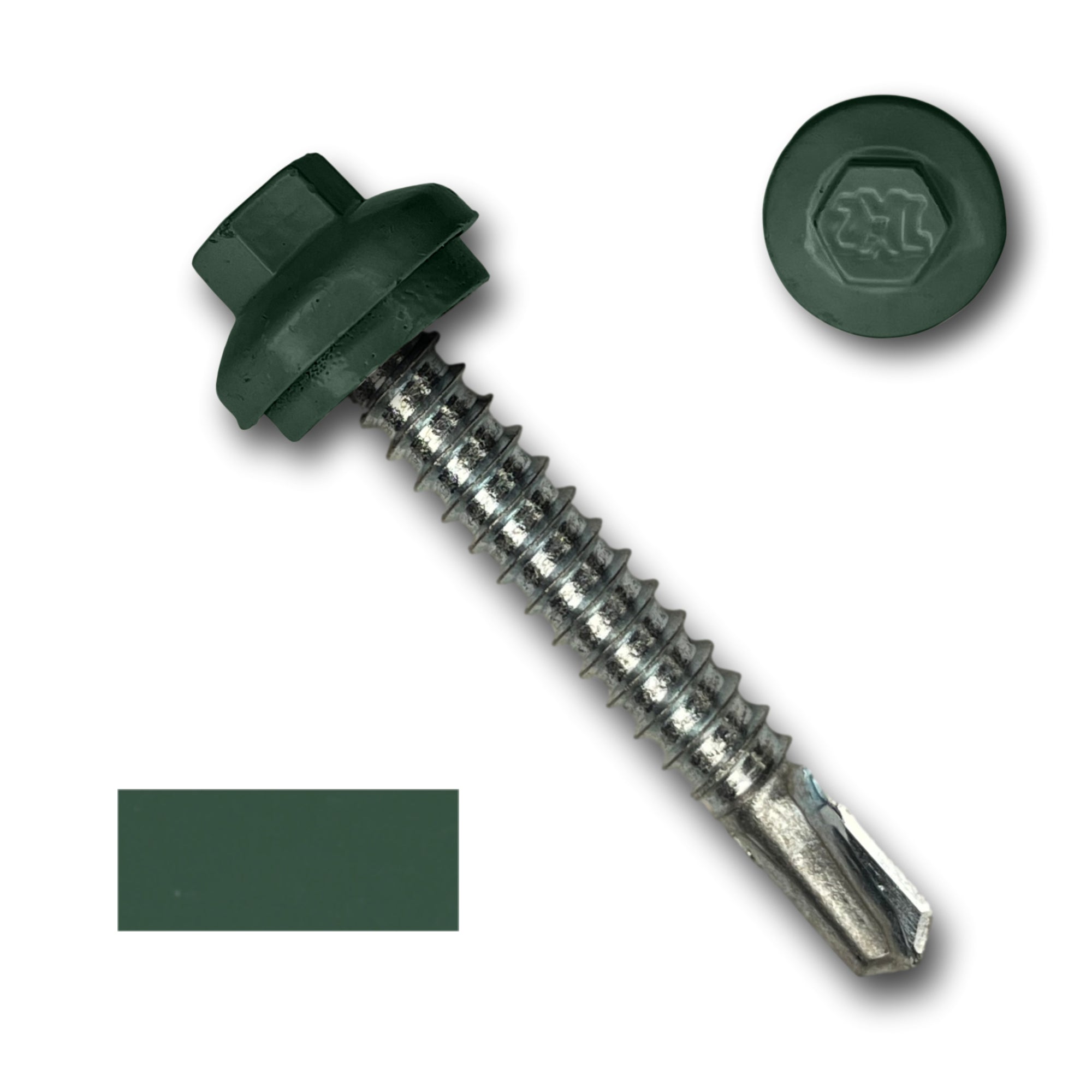A number 12 Diameter Metal Roofing Screw that is 1.5 inches long with a 5/16 inch Hex Head and an EPDM Rubber Washer. The screw features a self-drilling tip for drilling into steel purlins and a Dome Cap that completely covers the washer. There is a color swatch of the screw head in the bottom left corner and a close-up of the screw head in the top right corner. The screw head is Forest Green in color.
