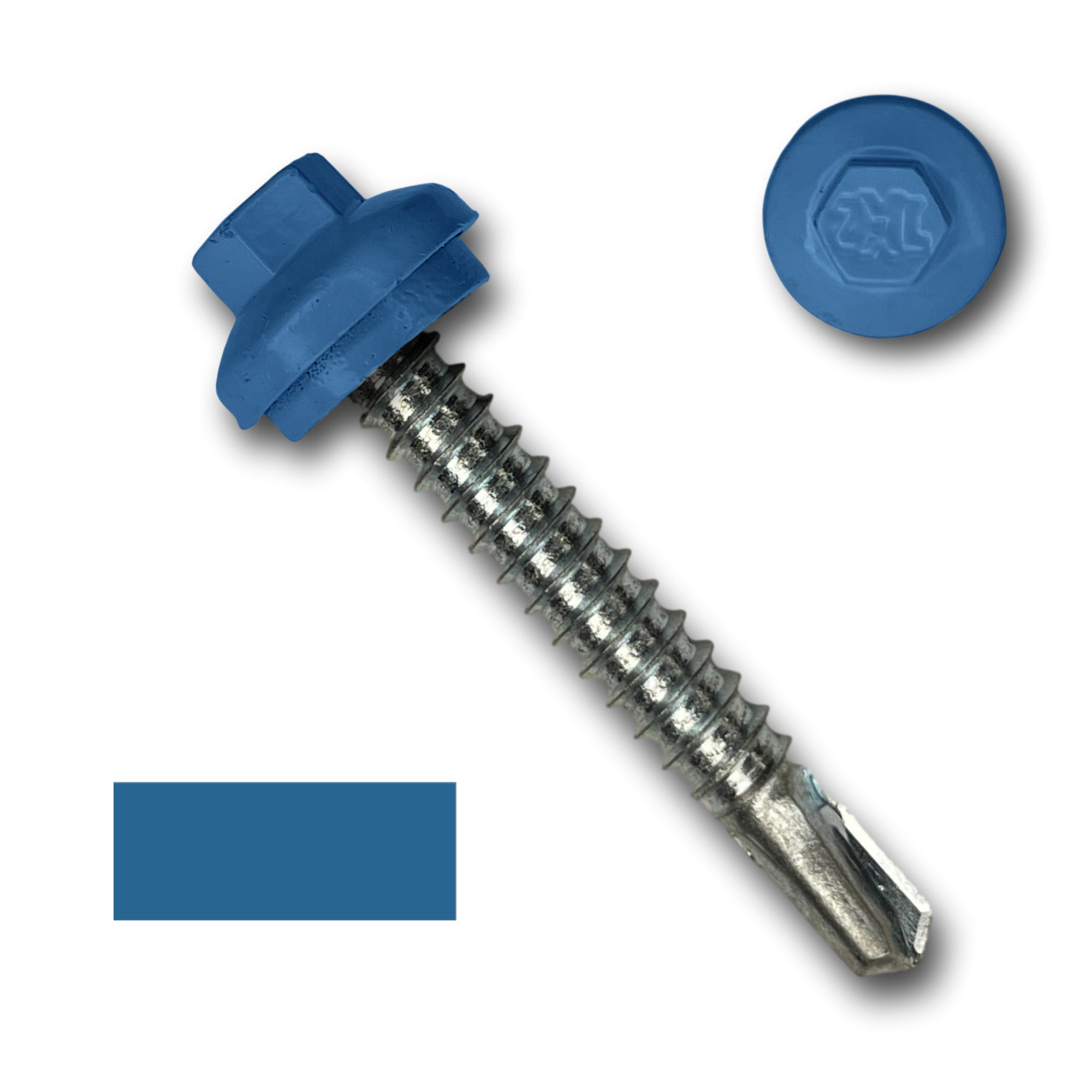 A number 12 Diameter Metal Roofing Screw that is 1.5 inches long with a 5/16 inch Hex Head and an EPDM Rubber Washer. The screw features a self-drilling tip for drilling into steel purlins and a Dome Cap that completely covers the washer. There is a color swatch of the screw head in the bottom left corner and a close-up of the screw head in the top right corner. The screw head is Regal Blue in color.