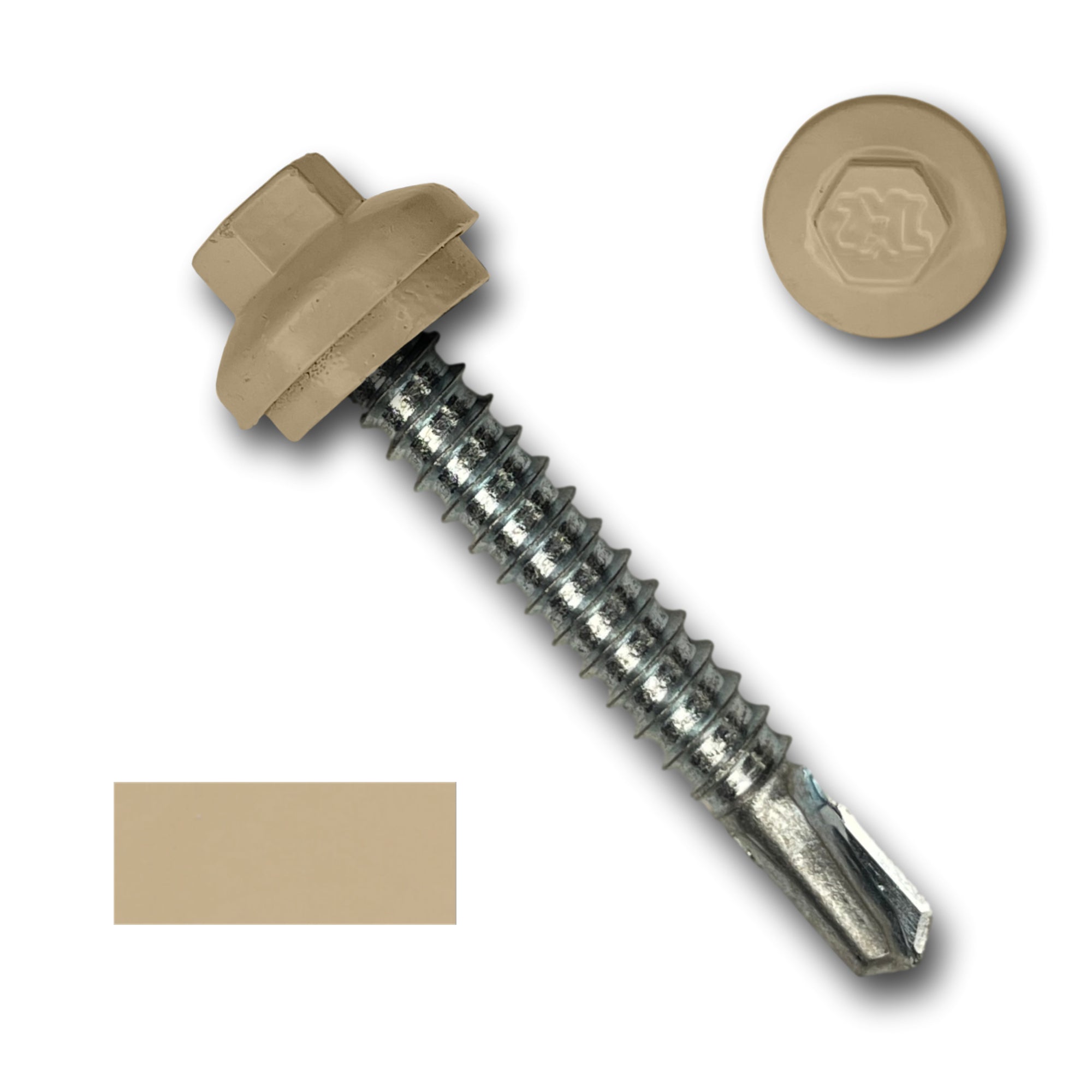A number 12 Diameter Metal Roofing Screw that is 1.5 inches long with a 5/16 inch Hex Head and an EPDM Rubber Washer. The screw features a self-drilling tip for drilling into steel purlins and a Dome Cap that completely covers the washer. There is a color swatch of the screw head in the bottom left corner and a close-up of the screw head in the top right corner. The screw head is Sahara Tan in color.