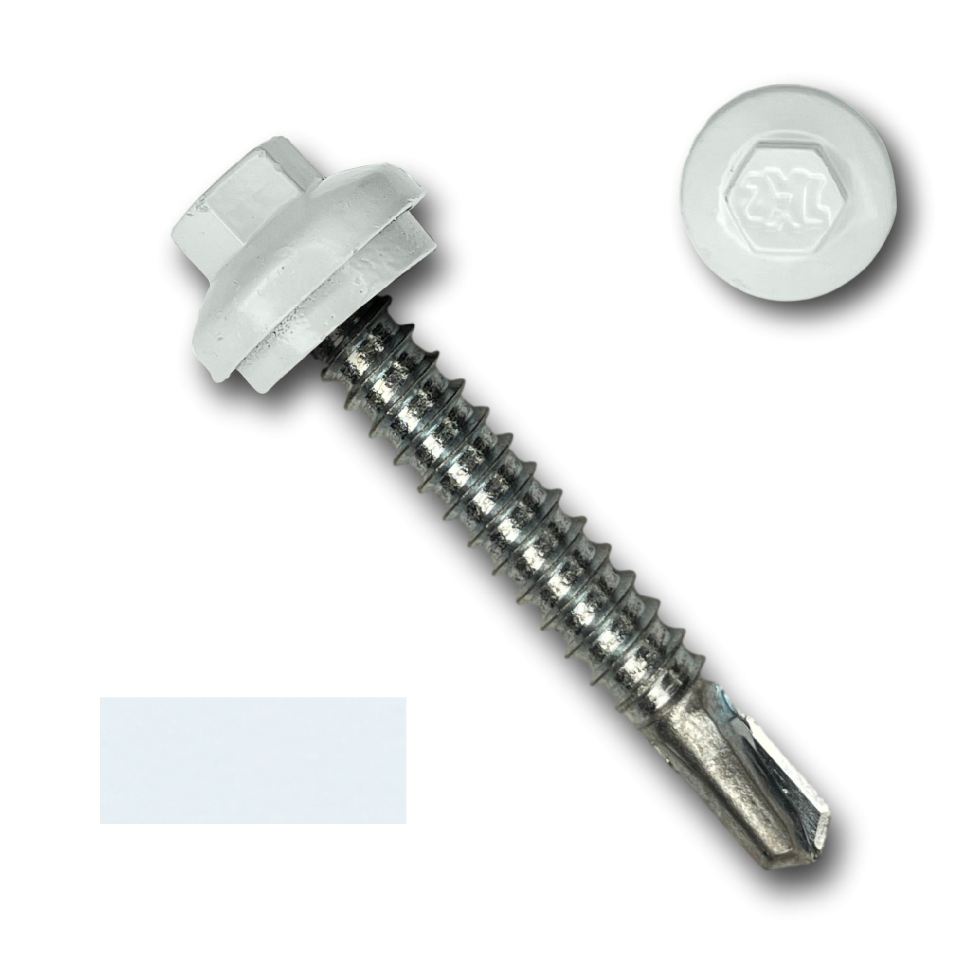 A number 12 Diameter Metal Roofing Screw that is 1.5 inches long with a 5/16 inch Hex Head and an EPDM Rubber Washer. The screw features a self-drilling tip for drilling into steel purlins and a Dome Cap that completely covers the washer. There is a color swatch of the screw head in the bottom left corner and a close-up of the screw head in the top right corner. The screw head is White in color.