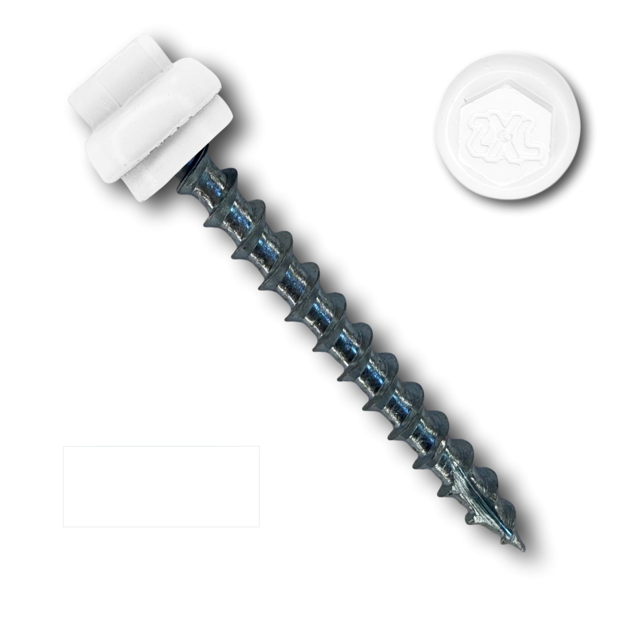 A number 12 Diameter Metal Roofing Screw that is 2 inches long with a 5/16 inch Hex Head and an EPDM Rubber Washer. The screw features a Type 17 Sharp Tip for piercing into wood and a Dome Cap that completely covers the washer. There is a color swatch of the screw head in the bottom left corner and a close-up of the screw head in the top right corner. The screw is White in color.
