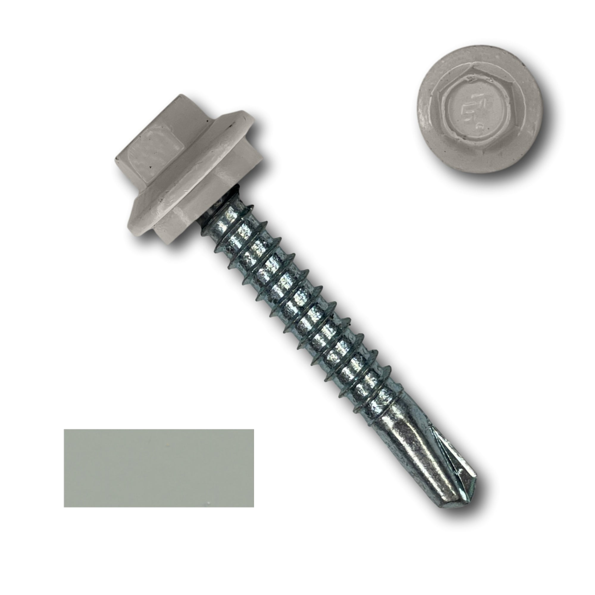 A number 12 Diameter Metal Roofing Screw that is 1.5 inches long with a 5/16 inch Hex Head and an EPDM Rubber Washer. The screw features a self-drilling tip for drilling into steel purlins. There is a color swatch of the screw head in the bottom left corner and a close-up of the screw head in the top right corner. The screw head is Ash Gray in color.