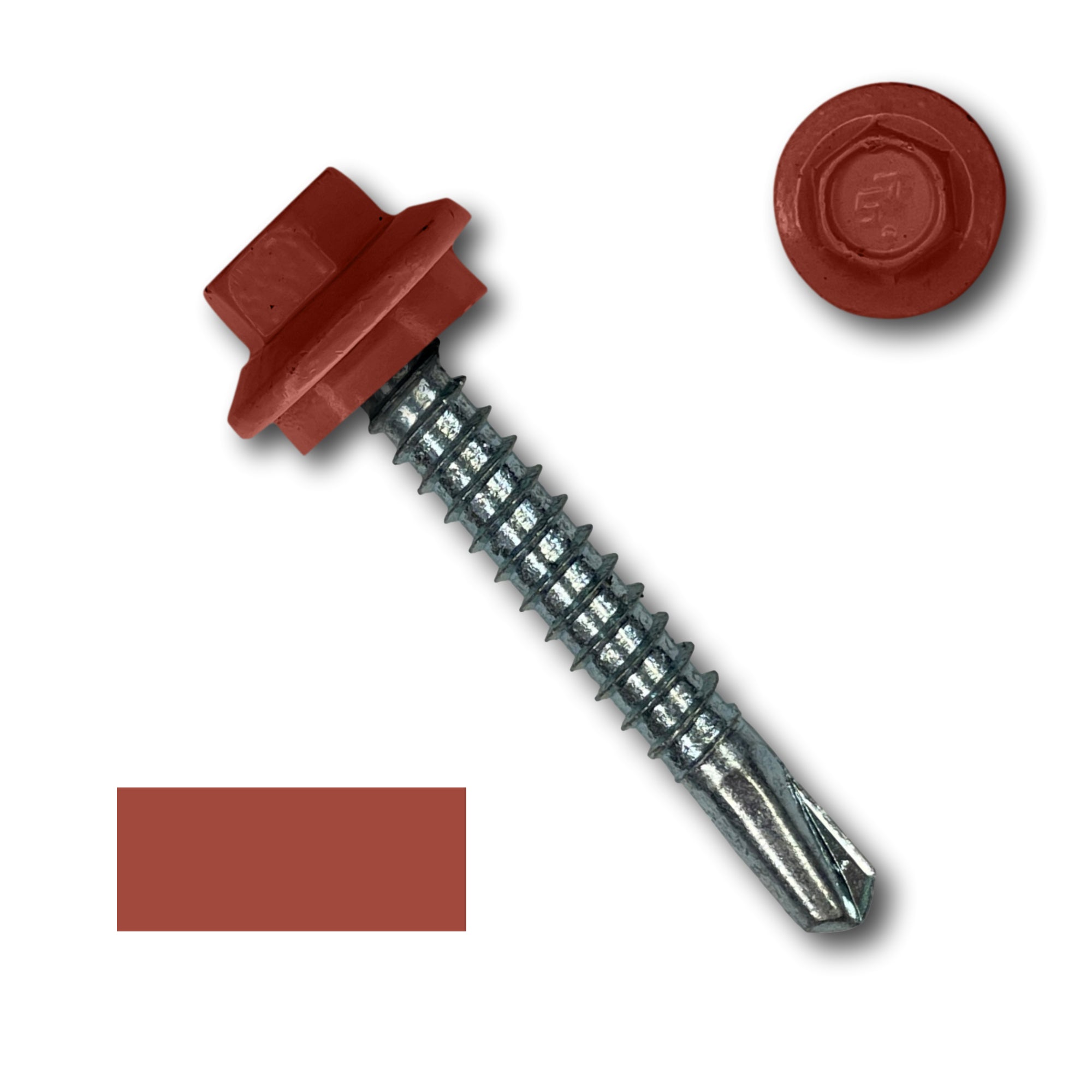 A number 12 Diameter Metal Roofing Screw that is 1.5 inches long with a 5/16 inch Hex Head and an EPDM Rubber Washer. The screw features a self-drilling tip for drilling into steel purlins. There is a color swatch of the screw head in the bottom left corner and a close-up of the screw head in the top right corner. The screw head is Barn Red in color.