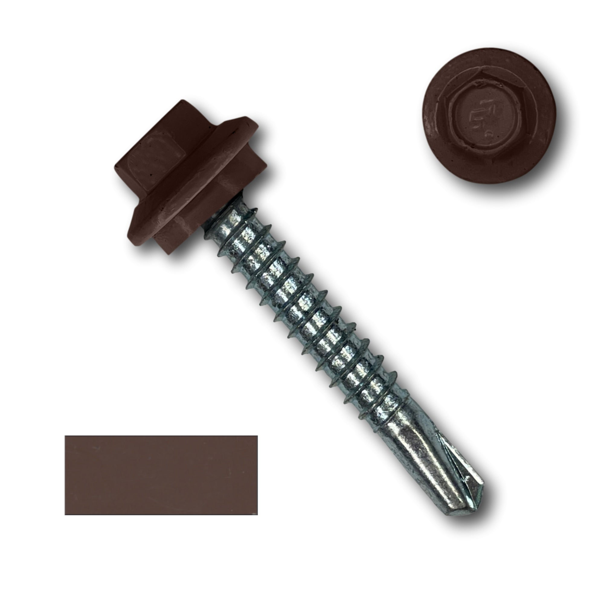 A number 12 Diameter Metal Roofing Screw that is 1.5 inches long with a 5/16 inch Hex Head and an EPDM Rubber Washer. The screw features a self-drilling tip for drilling into steel purlins. There is a color swatch of the screw head in the bottom left corner and a close-up of the screw head in the top right corner. The screw head is Brown in color.