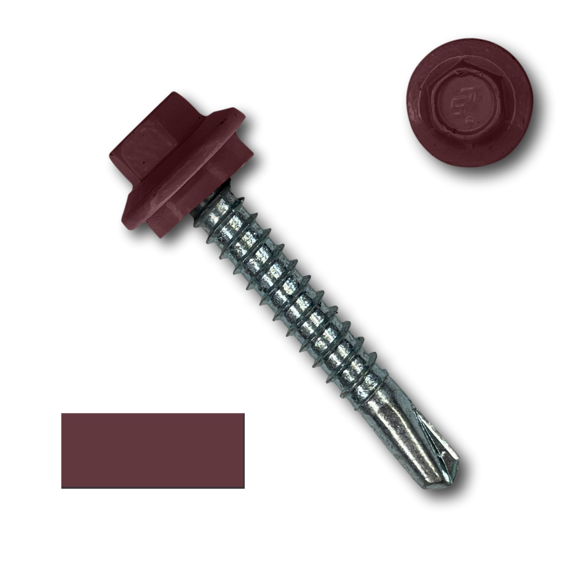 A number 12 Diameter Metal Roofing Screw that is 1.5 inches long with a 5/16 inch Hex Head and an EPDM Rubber Washer. The screw features a self-drilling tip for drilling into steel purlins. There is a color swatch of the screw head in the bottom left corner and a close-up of the screw head in the top right corner. The screw head is Burgundy in color.