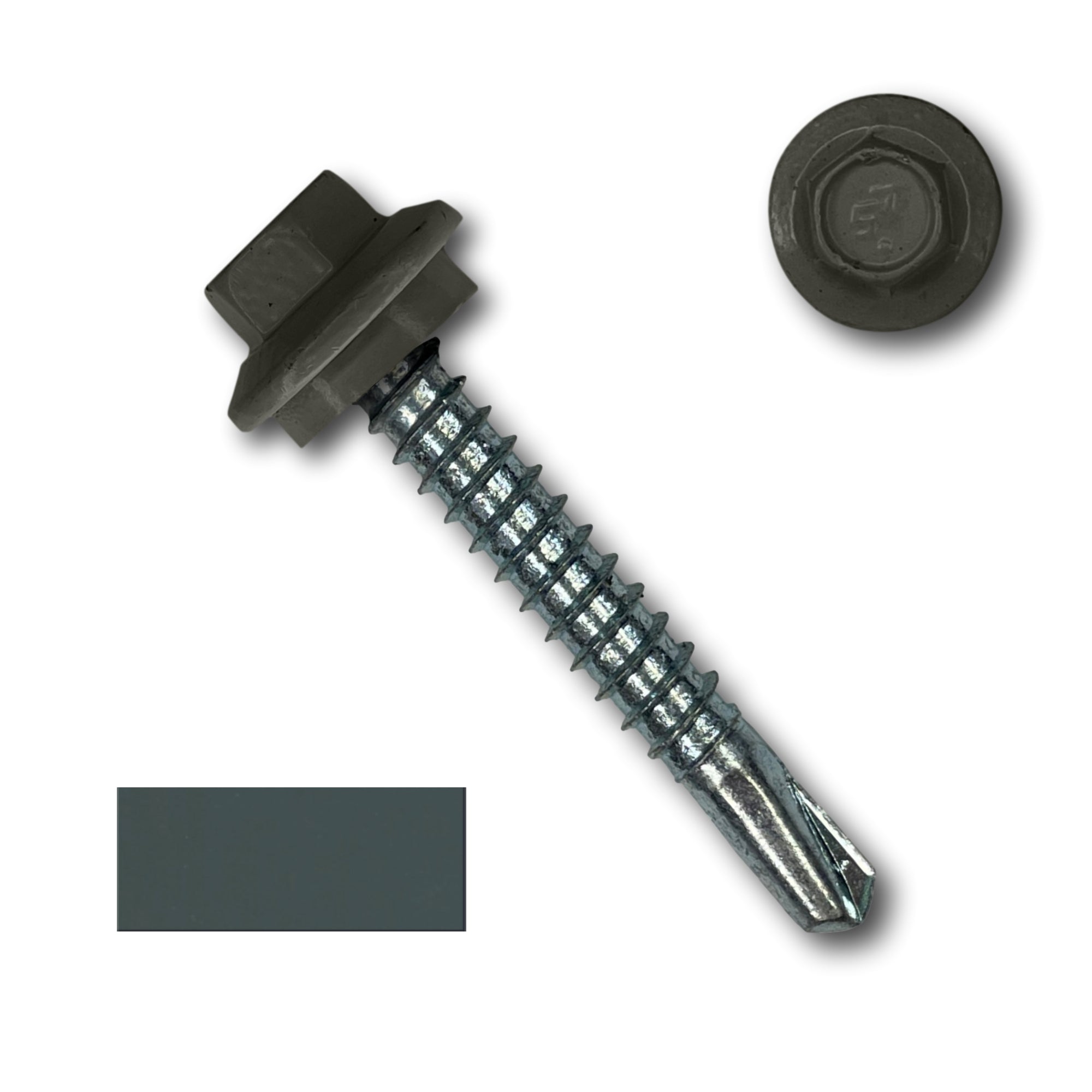A number 12 Diameter Metal Roofing Screw that is 1.5 inches long with a 5/16 inch Hex Head and an EPDM Rubber Washer. The screw features a self-drilling tip for drilling into steel purlins. There is a color swatch of the screw head in the bottom left corner and a close-up of the screw head in the top right corner. The screw head is Charcoal Gray in color.
