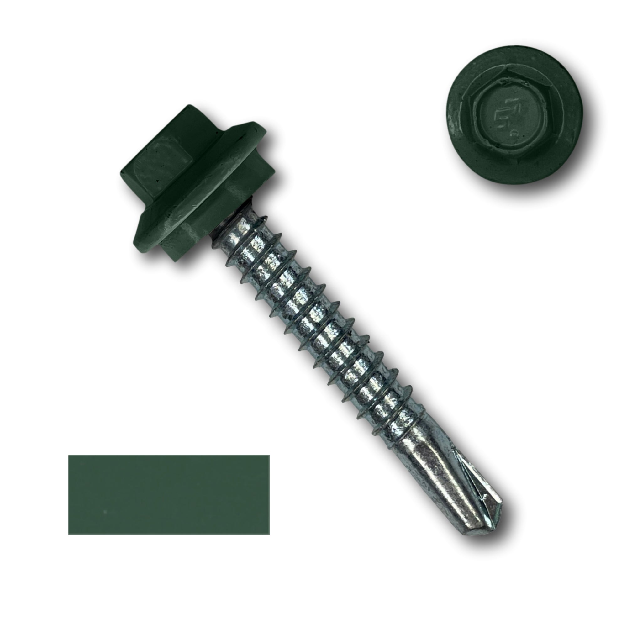A number 12 Diameter Metal Roofing Screw that is 1.5 inches long with a 5/16 inch Hex Head and an EPDM Rubber Washer. The screw features a self-drilling tip for drilling into steel purlins. There is a color swatch of the screw head in the bottom left corner and a close-up of the screw head in the top right corner. The screw head is Forest Green in color.