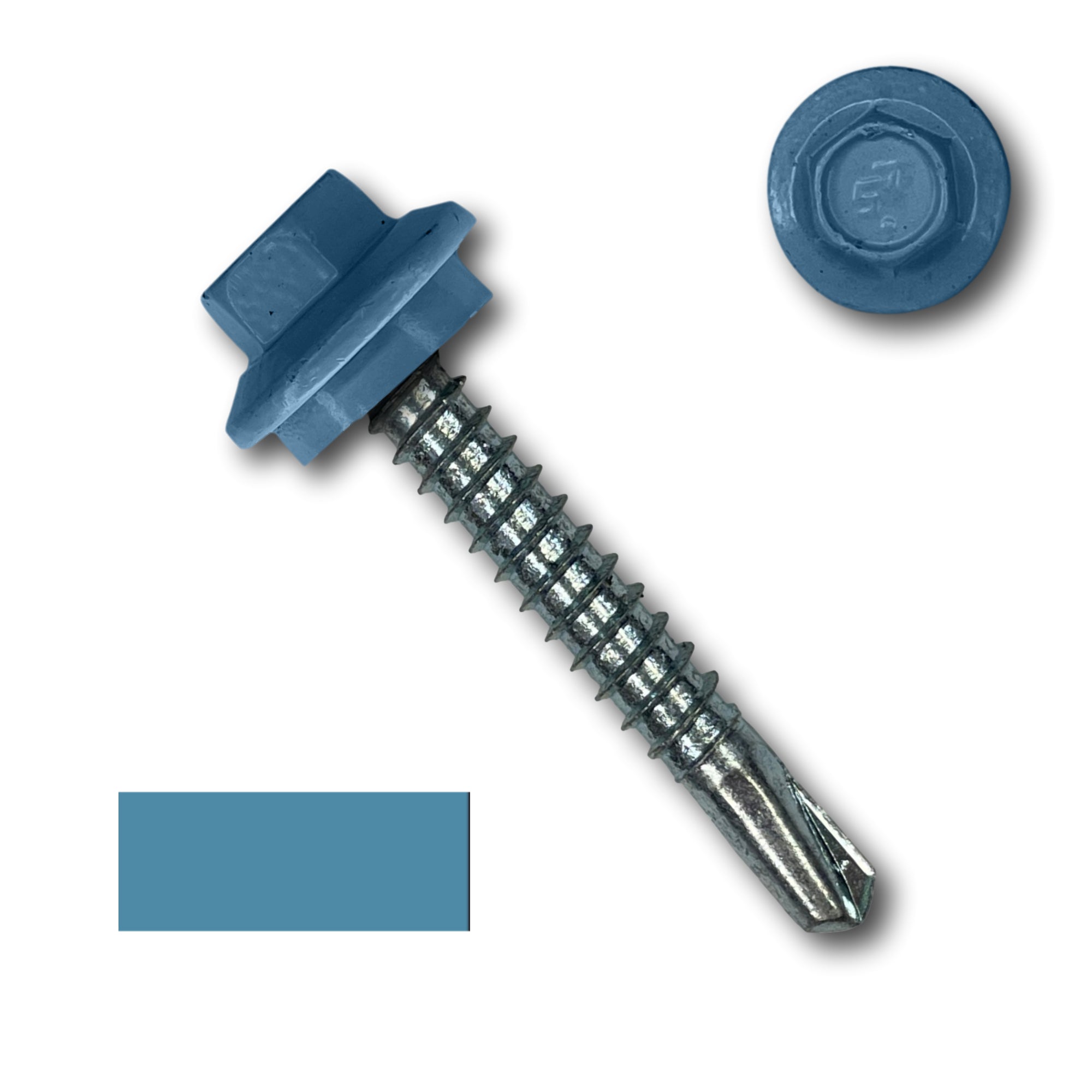 A number 12 Diameter Metal Roofing Screw that is 1.5 inches long with a 5/16 inch Hex Head and an EPDM Rubber Washer. The screw features a self-drilling tip for drilling into steel purlins. There is a color swatch of the screw head in the bottom left corner and a close-up of the screw head in the top right corner. The screw head is Hawaiian Blue in color.