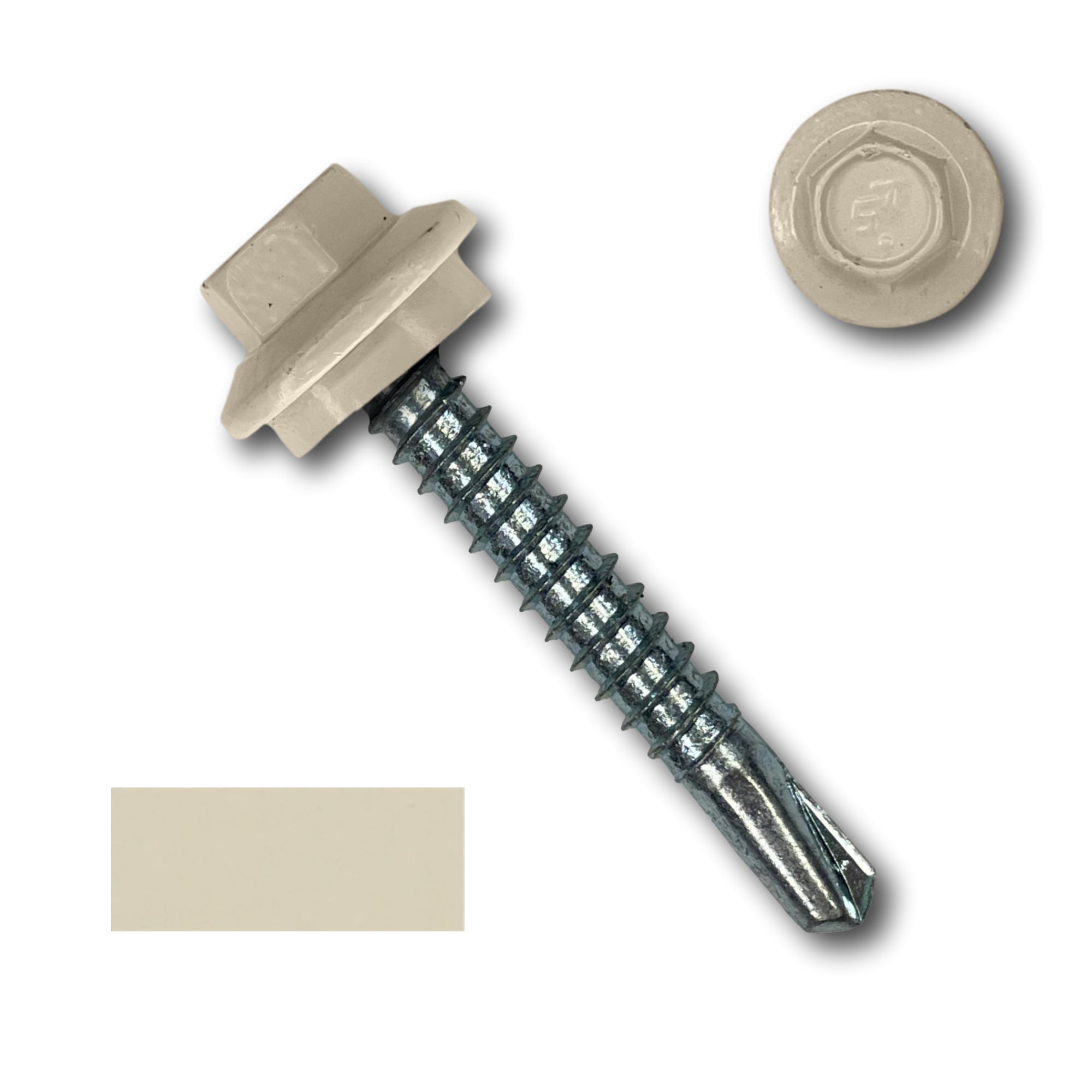 A number 12 Diameter Metal Roofing Screw that is 1.5 inches long with a 5/16 inch Hex Head and an EPDM Rubber Washer. The screw features a self-drilling tip for drilling into steel purlins. There is a color swatch of the screw head in the bottom left corner and a close-up of the screw head in the top right corner. The screw head is Lightstone in color.
