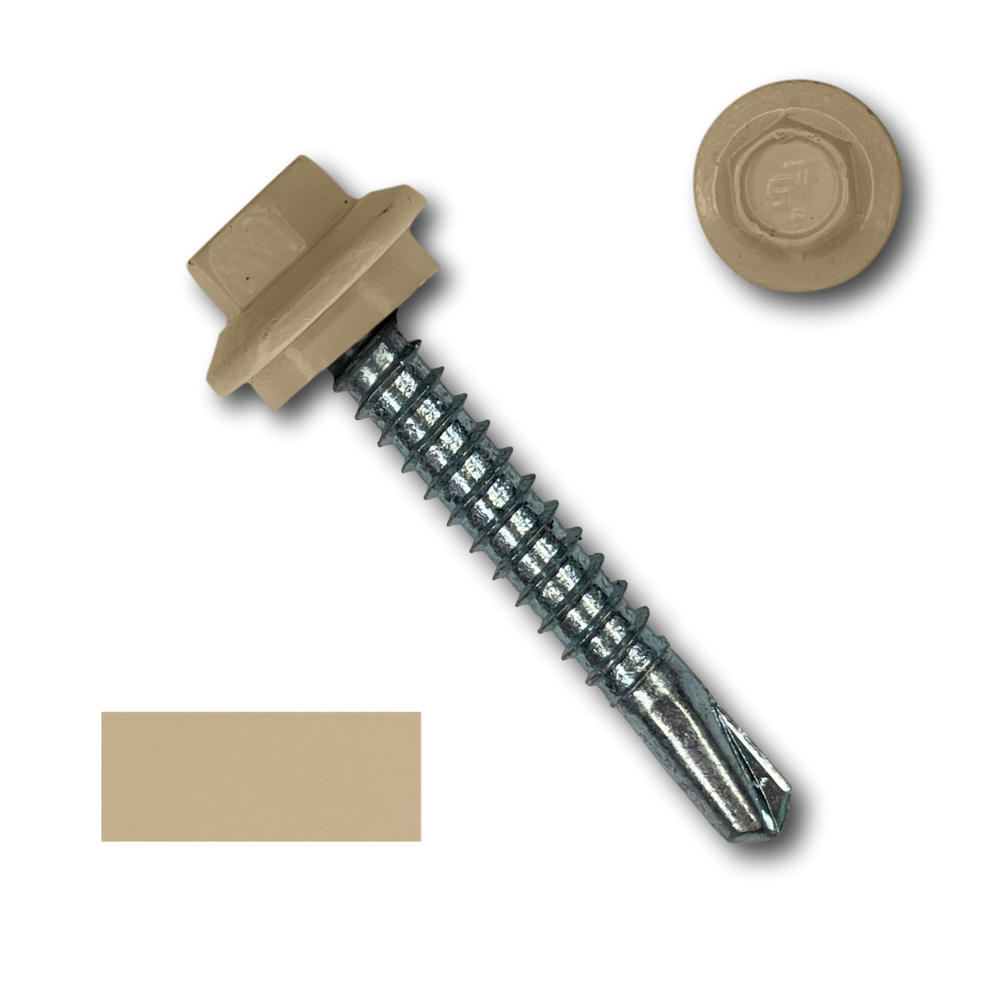 A number 12 Diameter Metal Roofing Screw that is 1.5 inches long with a 5/16 inch Hex Head and an EPDM Rubber Washer. The screw features a self-drilling tip for drilling into steel purlins. There is a color swatch of the screw head in the bottom left corner and a close-up of the screw head in the top right corner. The screw head is Sahara Tan in color.