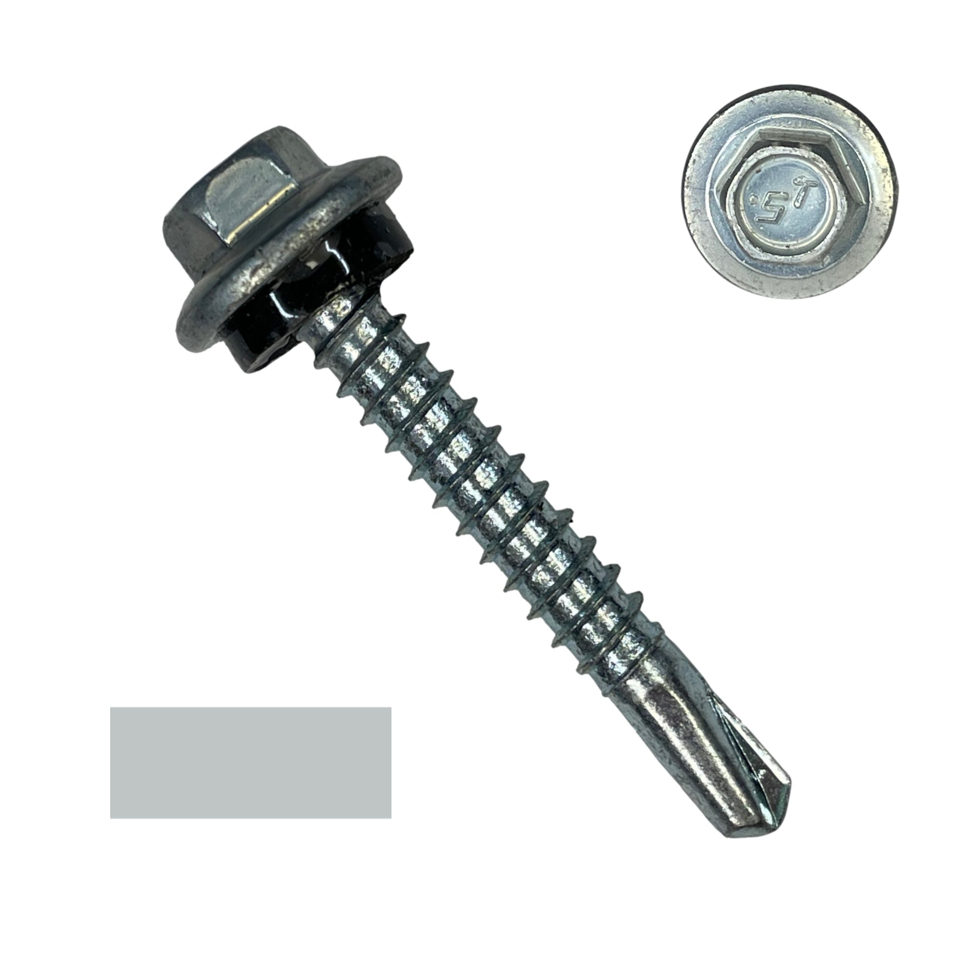 A number 12 Diameter Metal Roofing Screw that is 1.5 inches long with a 5/16 inch Hex Head and an EPDM Rubber Washer. The screw features a self-drilling tip for drilling into steel purlins. There is a color swatch of the screw head in the bottom left corner and a close-up of the screw head in the top right corner. The screw is Zinc/Unpainted in color.