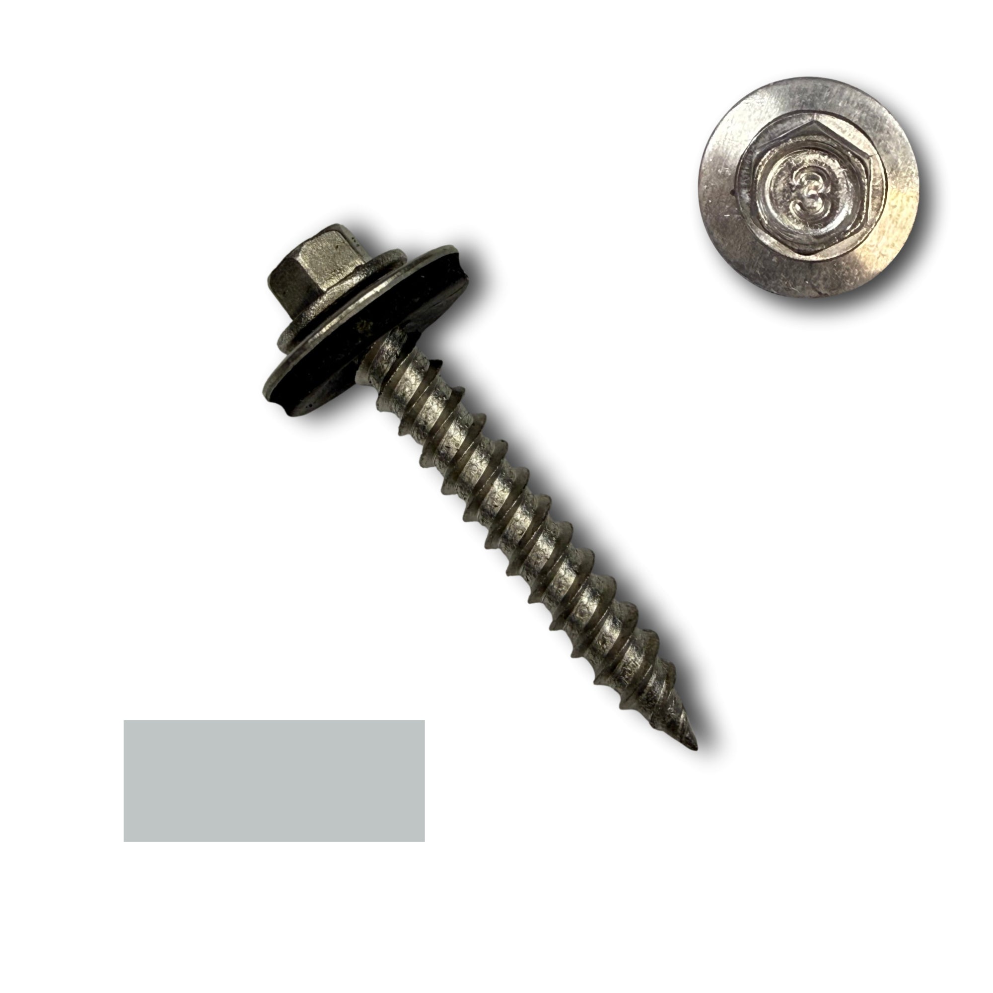 A #12 diameter stainless steel metal roofing screw that is 1.5 inches long.