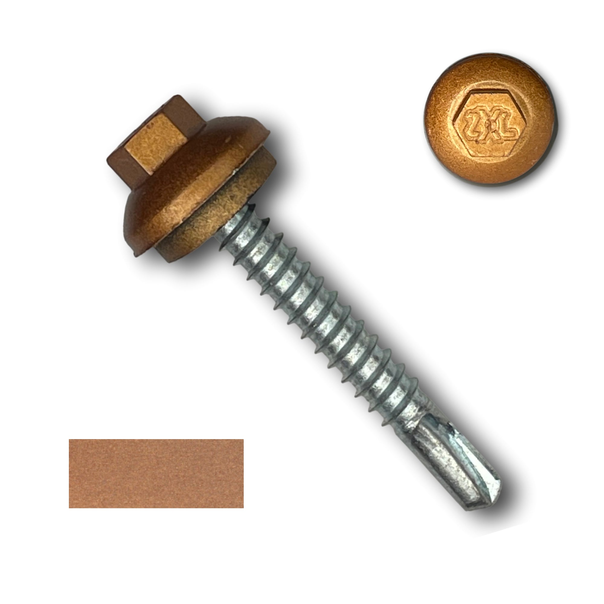 A number 12 Diameter Metal Roofing Screw that is 1.5 inches long with a 5/16 inch Hex Head and an EPDM Rubber Washer. The screw features a self-drilling tip for drilling into steel purlins and a Dome Cap that completely covers the washer. There is a color swatch of the screw head in the bottom left corner and a close-up of the screw head in the top right corner. The screw head is Copper Metallic in color.