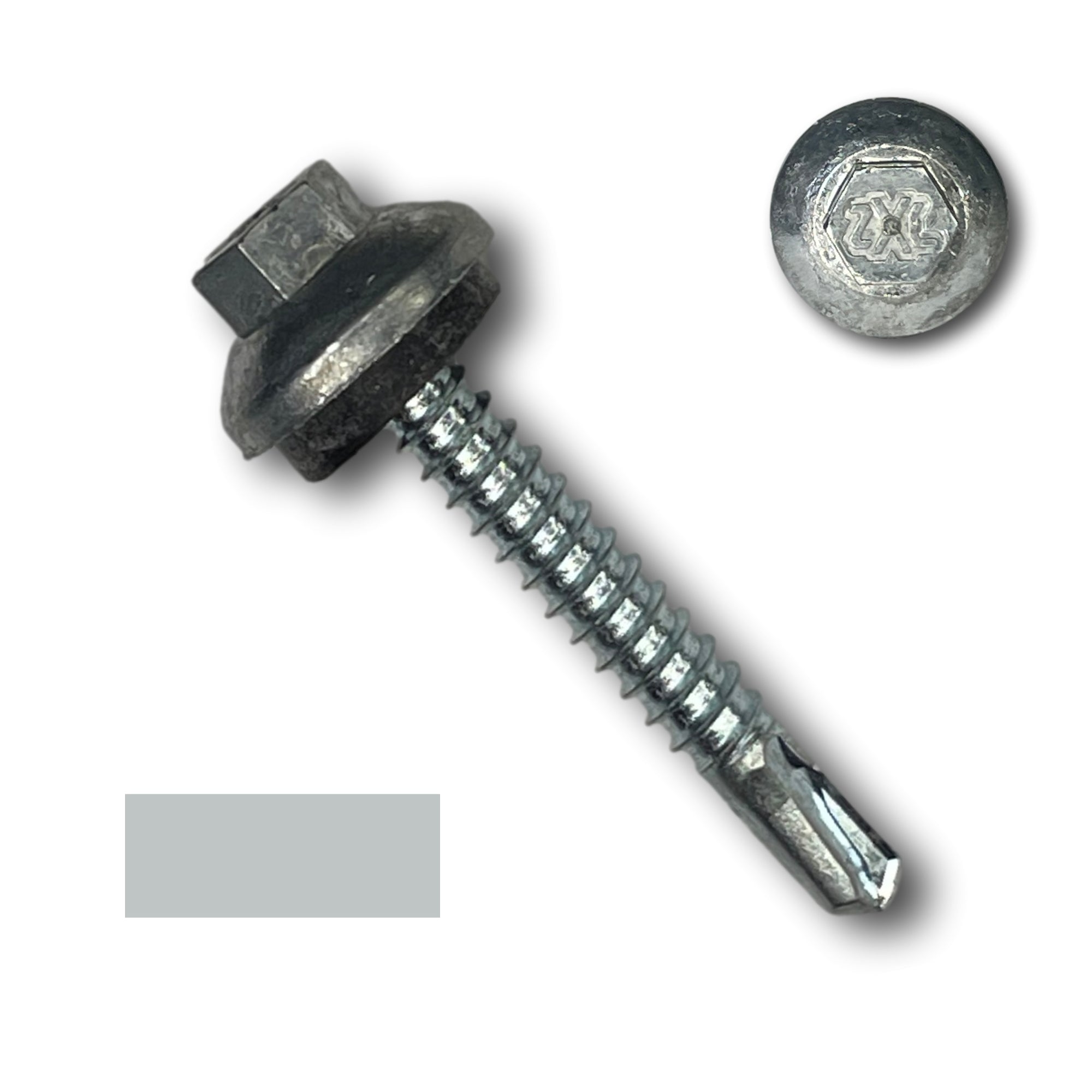 A number 12 Diameter Metal Roofing Screw that is 1.5 inches long with a 5/16 inch Hex Head and an EPDM Rubber Washer. The screw features a self-drilling tip for drilling into steel purlins and a Dome Cap that completely covers the washer. There is a color swatch of the screw head in the bottom left corner and a close-up of the screw head in the top right corner. The screw is Zinc/Unpainted in color.