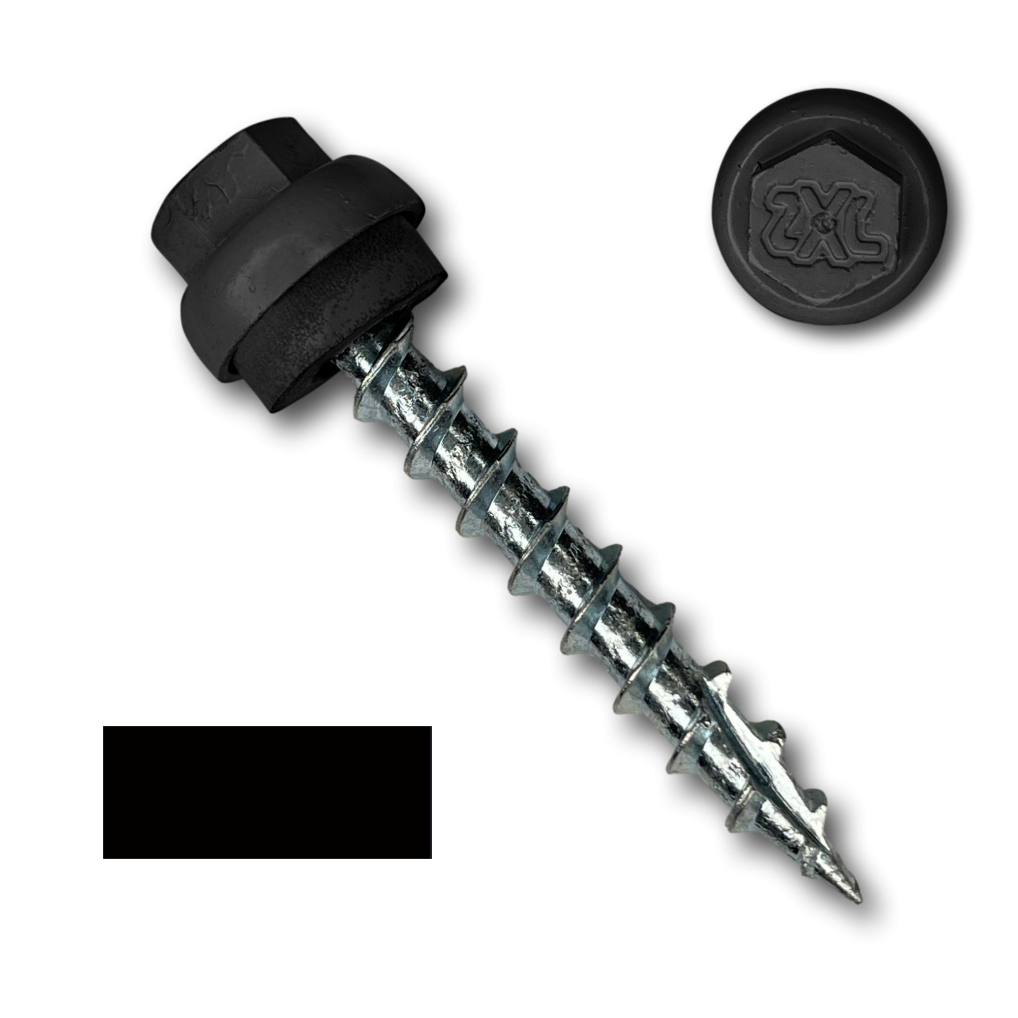 A number 12 Diameter Metal Roofing Screw that is 1.5 inches long with a 5/16 inch Hex Head and an EPDM Rubber Washer. The screw features a Type 17 Sharp Tip for piercing into wood and a Dome Cap that completely covers the washer. There is a color swatch of the screw head in the bottom left corner and a close-up of the screw head in the top right corner. The screw head is Black in color.