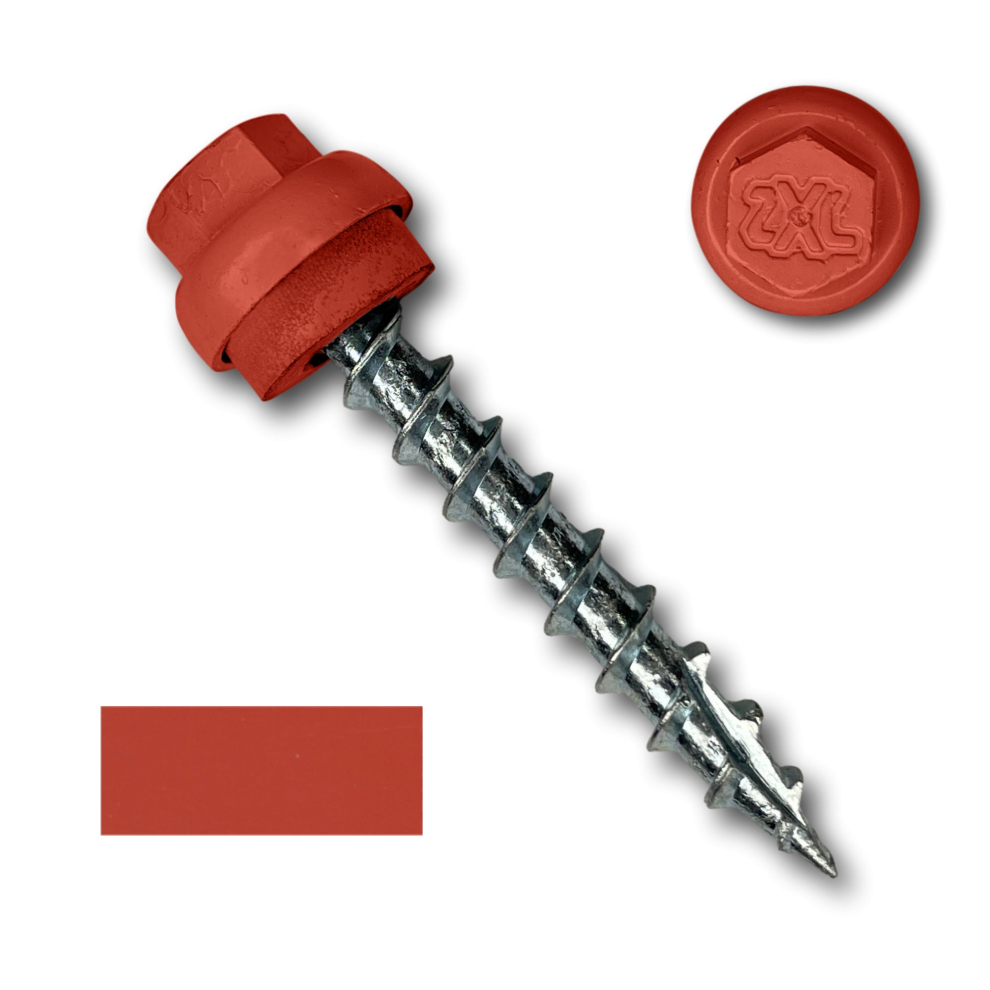 A number 12 Diameter Metal Roofing Screw that is 1.5 inches long with a 5/16 inch Hex Head and an EPDM Rubber Washer. The screw features a Type 17 Sharp Tip for piercing into wood and a Dome Cap that completely covers the washer. There is a color swatch of the screw head in the bottom left corner and a close-up of the screw head in the top right corner. The screw head is Bright Red in color.