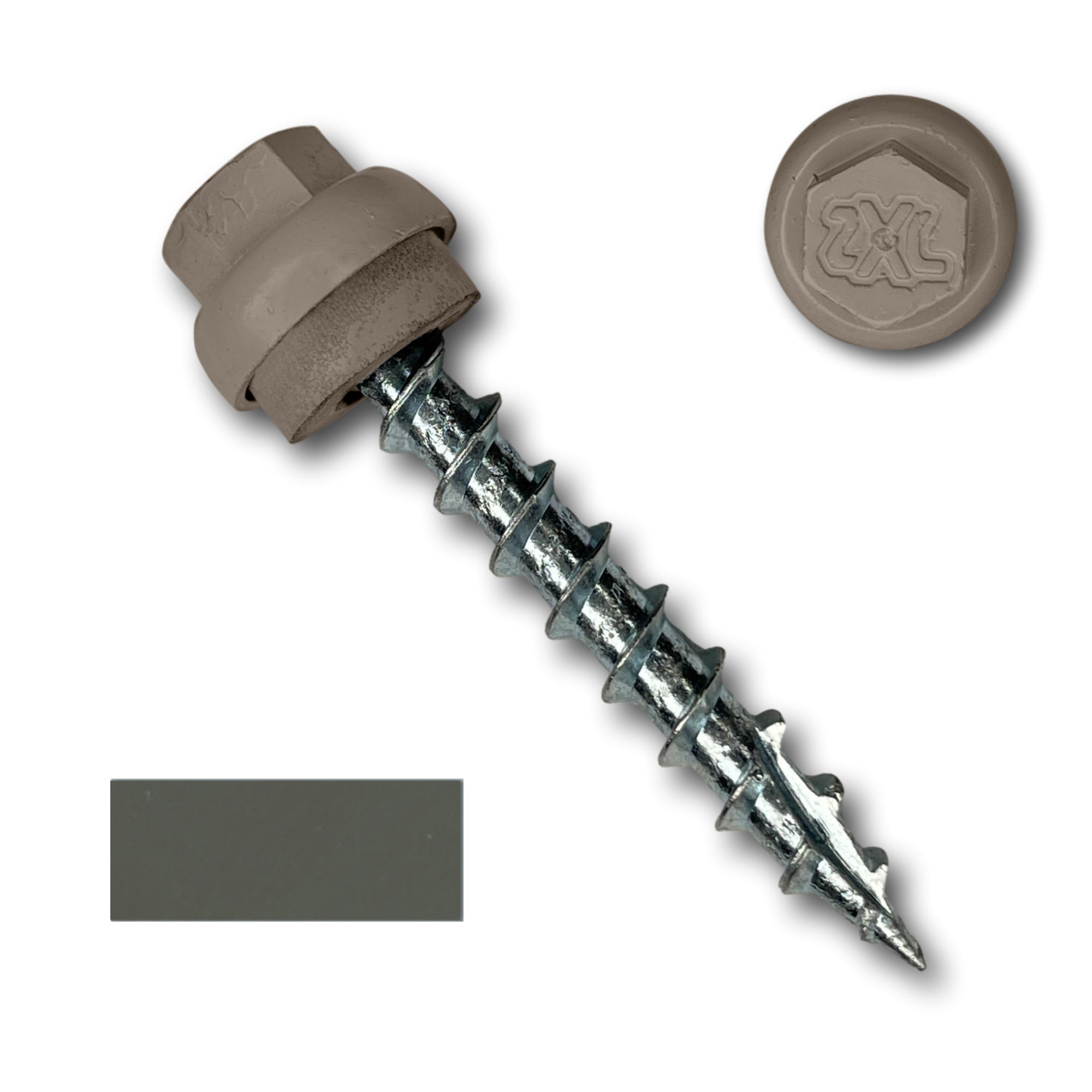 A number 12 Diameter Metal Roofing Screw that is 1.5 inches long with a 5/16 inch Hex Head and an EPDM Rubber Washer. The screw features a Type 17 Sharp Tip for piercing into wood and a Dome Cap that completely covers the washer. There is a color swatch of the screw head in the bottom left corner and a close-up of the screw head in the top right corner. The screw head is Burnished Slate in color.