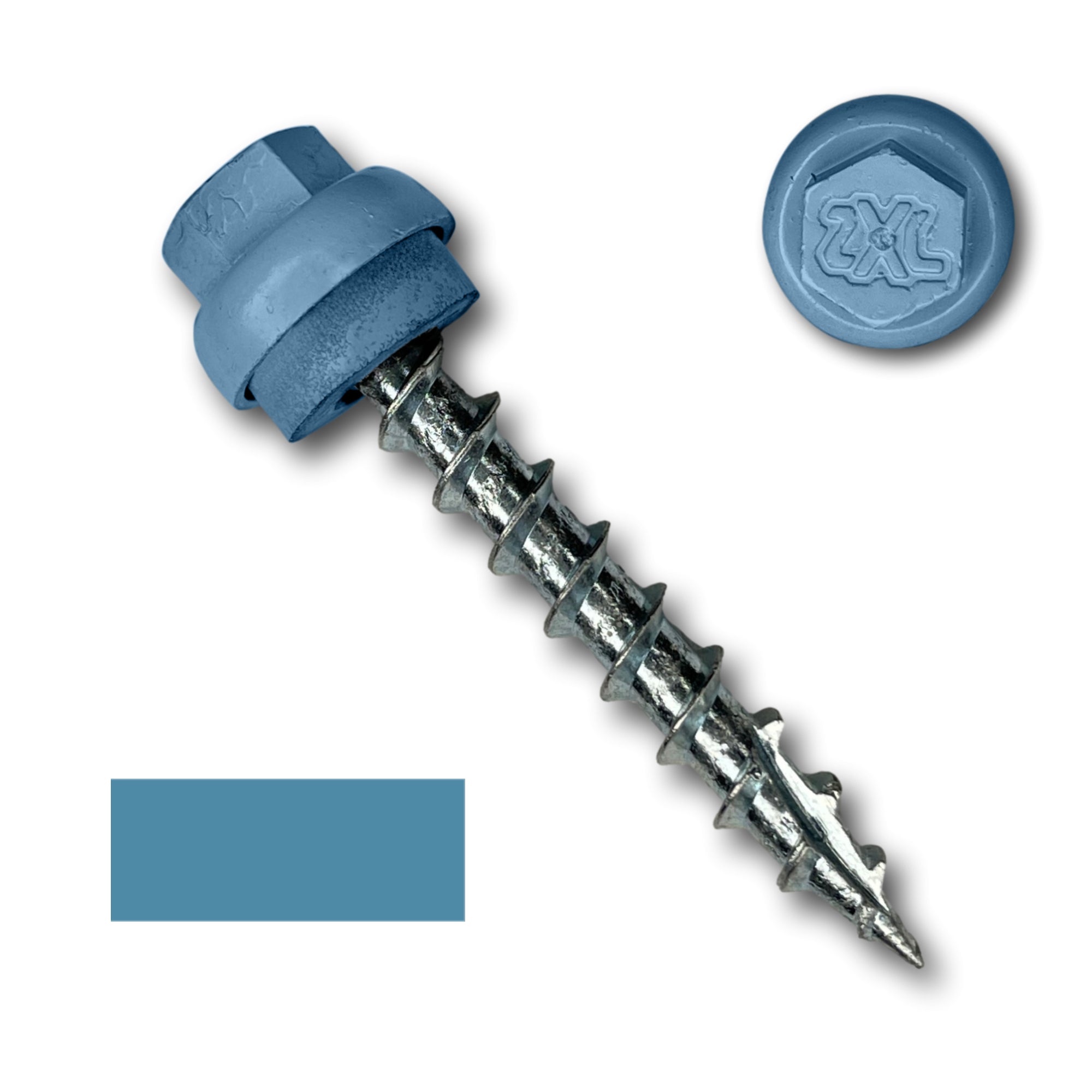 A number 12 Diameter Metal Roofing Screw that is 1.5 inches long with a 5/16 inch Hex Head and an EPDM Rubber Washer. The screw features a Type 17 Sharp Tip for piercing into wood and a Dome Cap that completely covers the washer. There is a color swatch of the screw head in the bottom left corner and a close-up of the screw head in the top right corner. The screw head is Hawaiian Blue in color.