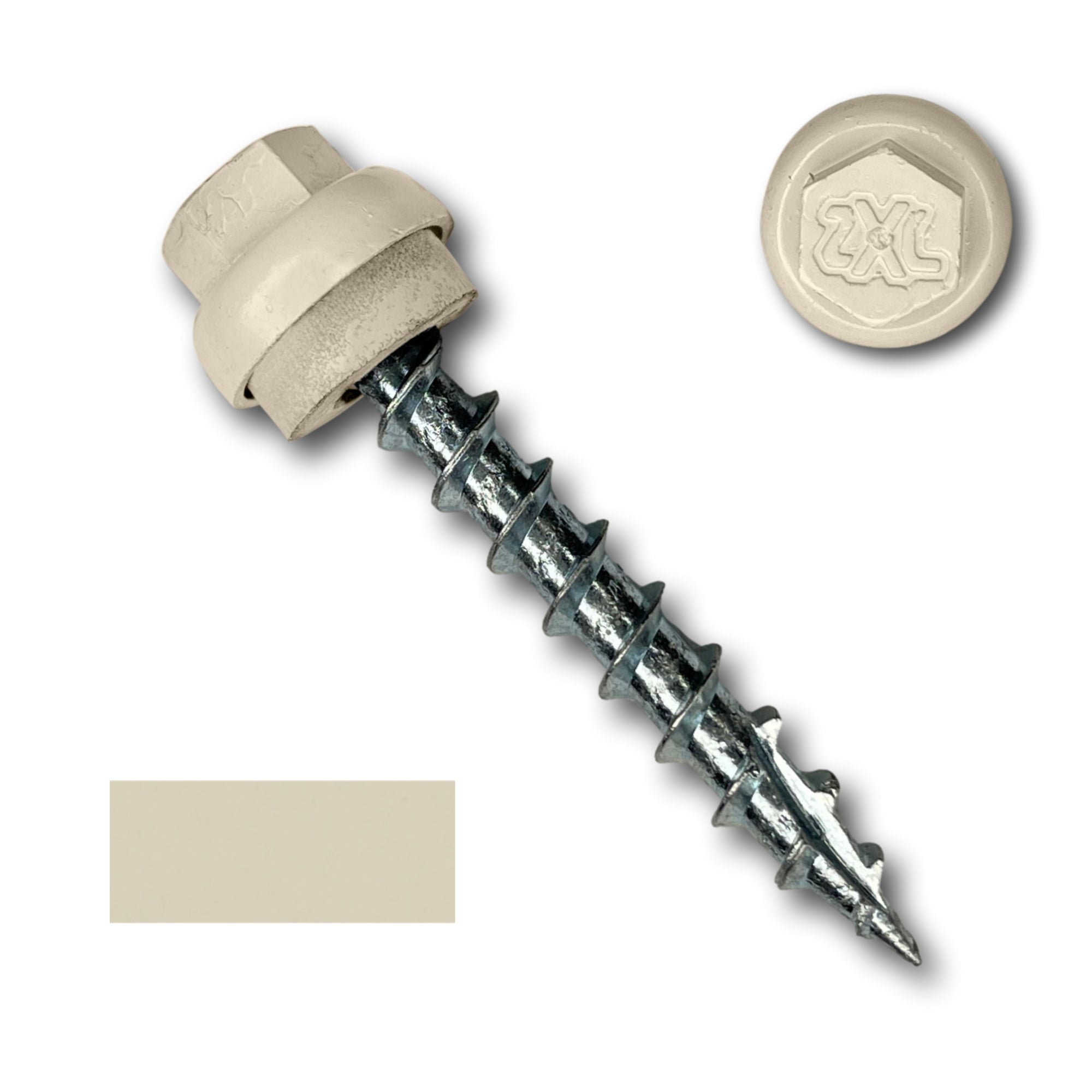 A number 12 Diameter Metal Roofing Screw that is 1.5 inches long with a 5/16 inch Hex Head and an EPDM Rubber Washer. The screw features a Type 17 Sharp Tip for piercing into wood and a Dome Cap that completely covers the washer. There is a color swatch of the screw head in the bottom left corner and a close-up of the screw head in the top right corner. The screw head is Lightstone in color.