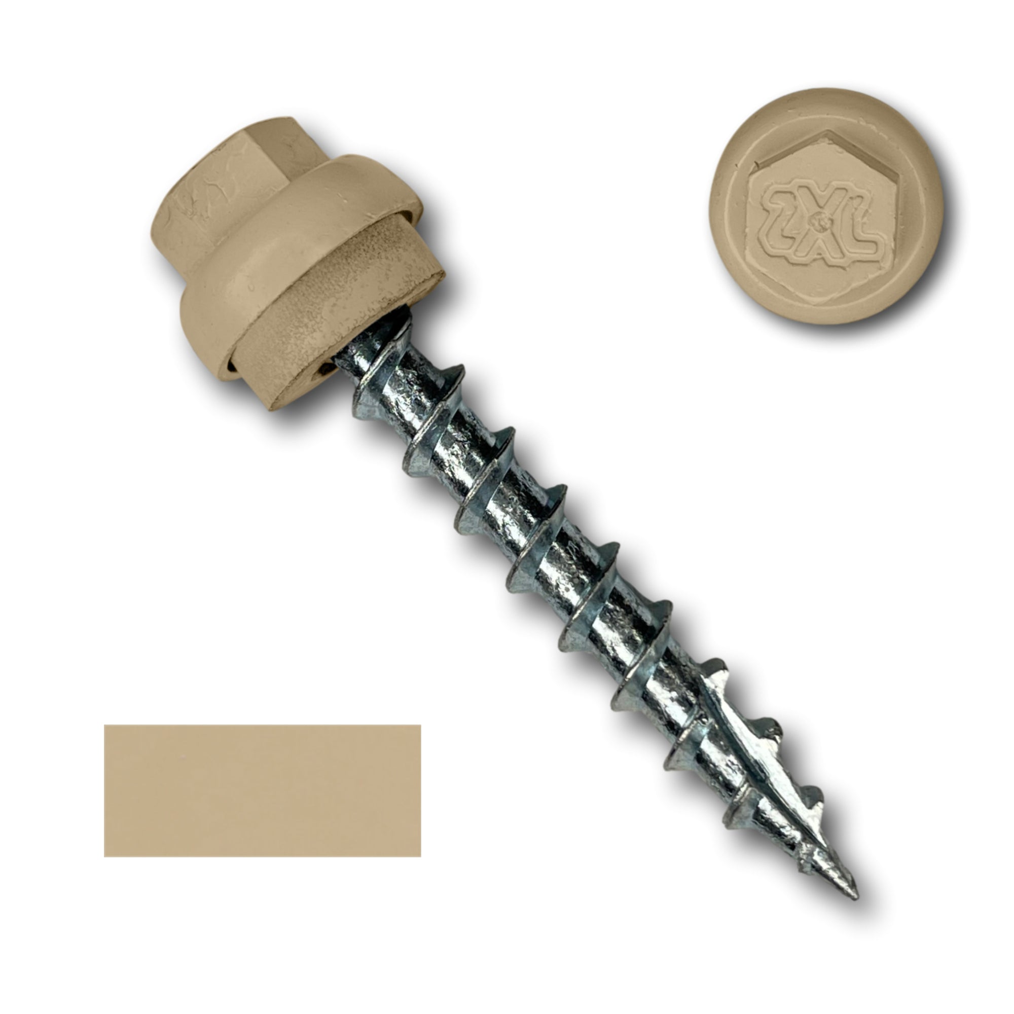 A number 12 Diameter Metal Roofing Screw that is 1.5 inches long with a 5/16 inch Hex Head and an EPDM Rubber Washer. The screw features a Type 17 Sharp Tip for piercing into wood and a Dome Cap that completely covers the washer. There is a color swatch of the screw head in the bottom left corner and a close-up of the screw head in the top right corner. The screw head is Sahara Tan in color.