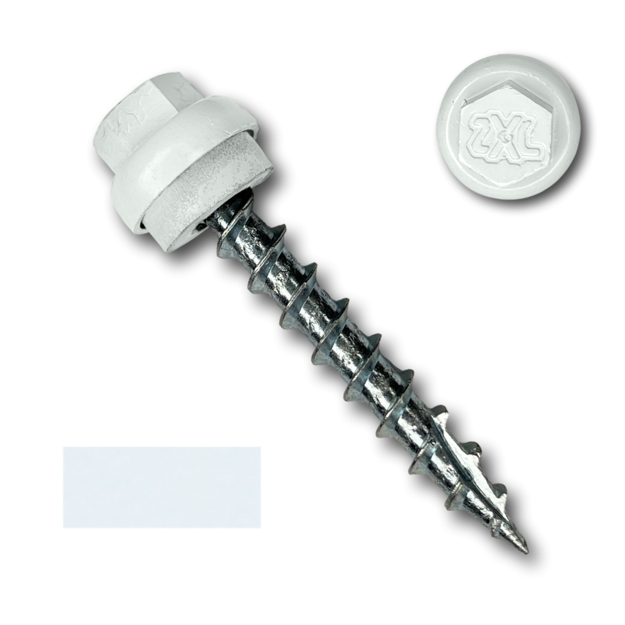 A number 12 Diameter Metal Roofing Screw that is 1.5 inches long with a 5/16 inch Hex Head and an EPDM Rubber Washer. The screw features a Type 17 Sharp Tip for piercing into wood and a Dome Cap that completely covers the washer. There is a color swatch of the screw head in the bottom left corner and a close-up of the screw head in the top right corner. The screw head is White in color.