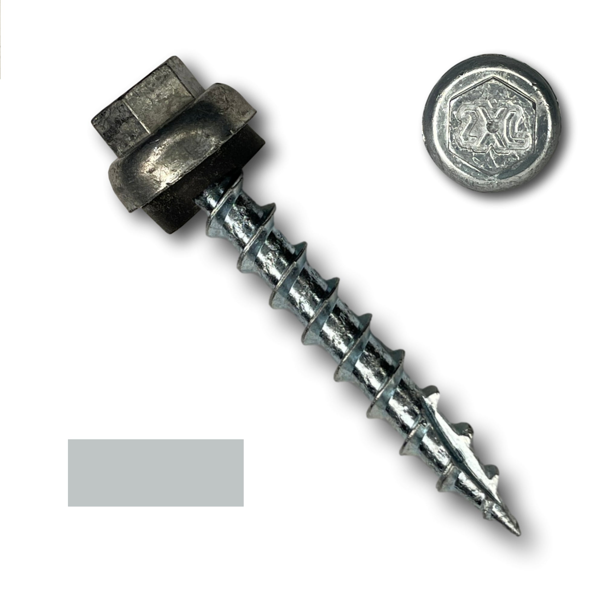 A number 12 Diameter Metal Roofing Screw that is 1.5 inches long with a 5/16 inch Hex Head and an EPDM Rubber Washer. The screw features a Type 17 Sharp Tip for piercing into wood and a Dome Cap that completely covers the washer. There is a color swatch of the screw head in the bottom left corner and a close-up of the screw head in the top right corner. The screw is Zinc/Unpainted in color.