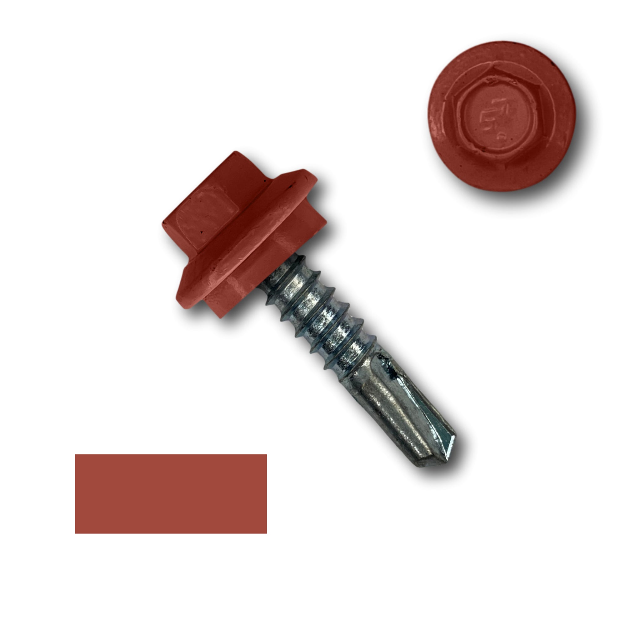 A number 12 Diameter Metal Roofing Screw that is 1 inch long with a 5/16 inch Hex Head and an EPDM Rubber Washer. The screw features a self-drilling tip for drilling into steel purlins. There is a color swatch of the screw head in the bottom left corner and a close-up of the screw head in the top right corner. The screw head is Barn Red in color.