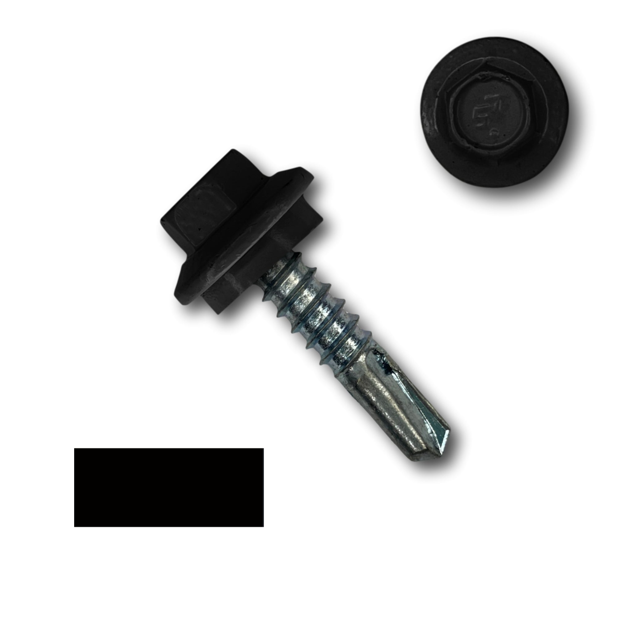 A number 12 Diameter Metal Roofing Screw that is 1 inch long with a 5/16 inch Hex Head and an EPDM Rubber Washer. The screw features a self-drilling tip for drilling into steel purlins. There is a color swatch of the screw head in the bottom left corner and a close-up of the screw head in the top right corner. The screw head is Black in color.