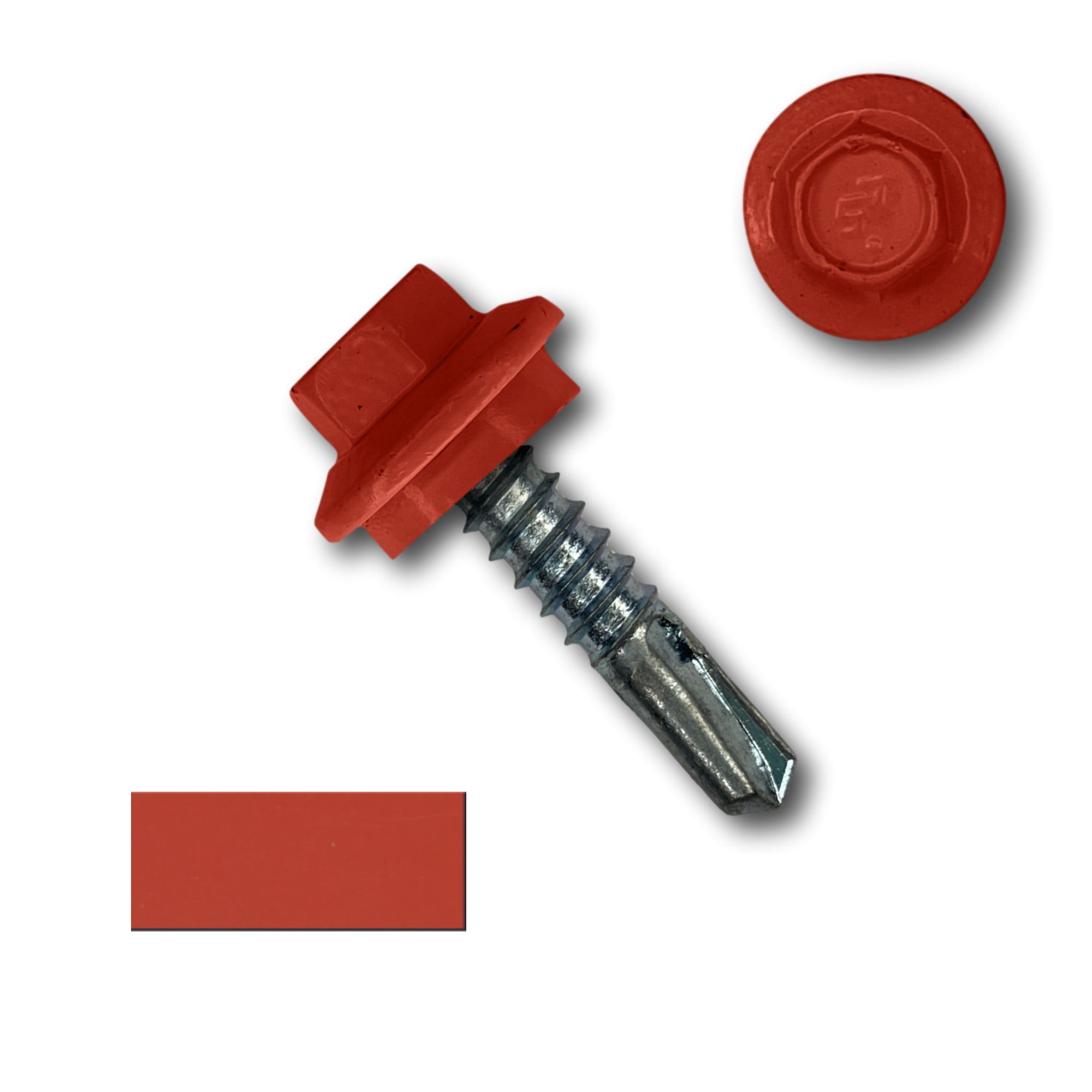 A number 12 Diameter Metal Roofing Screw that is 1 inch long with a 5/16 inch Hex Head and an EPDM Rubber Washer. The screw features a self-drilling tip for drilling into steel purlins. There is a color swatch of the screw head in the bottom left corner and a close-up of the screw head in the top right corner. The screw head is Bright Red in color.