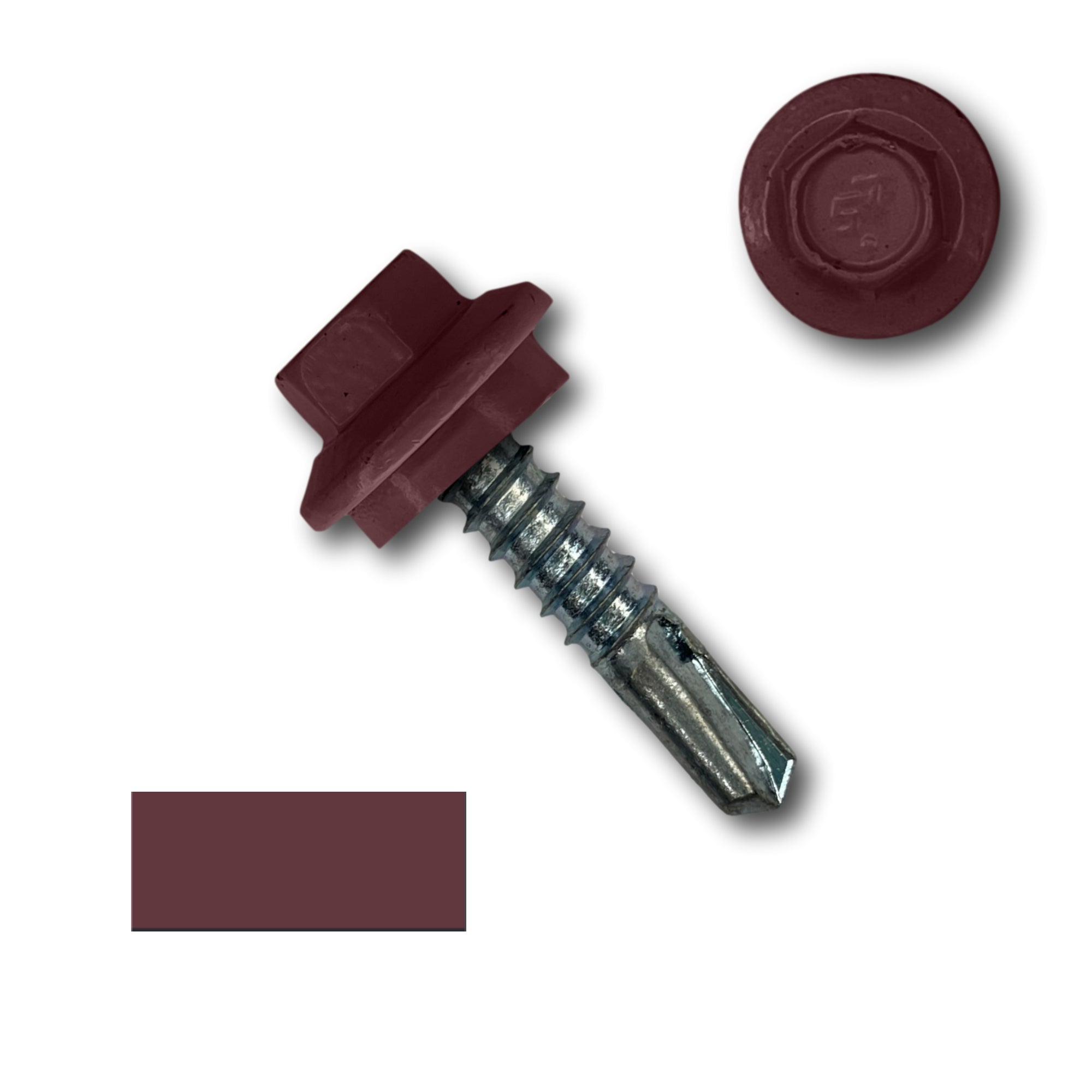 A number 12 Diameter Metal Roofing Screw that is 1 inch long with a 5/16 inch Hex Head and an EPDM Rubber Washer. The screw features a self-drilling tip for drilling into steel purlins. There is a color swatch of the screw head in the bottom left corner and a close-up of the screw head in the top right corner. The screw head is Burgundy in color.