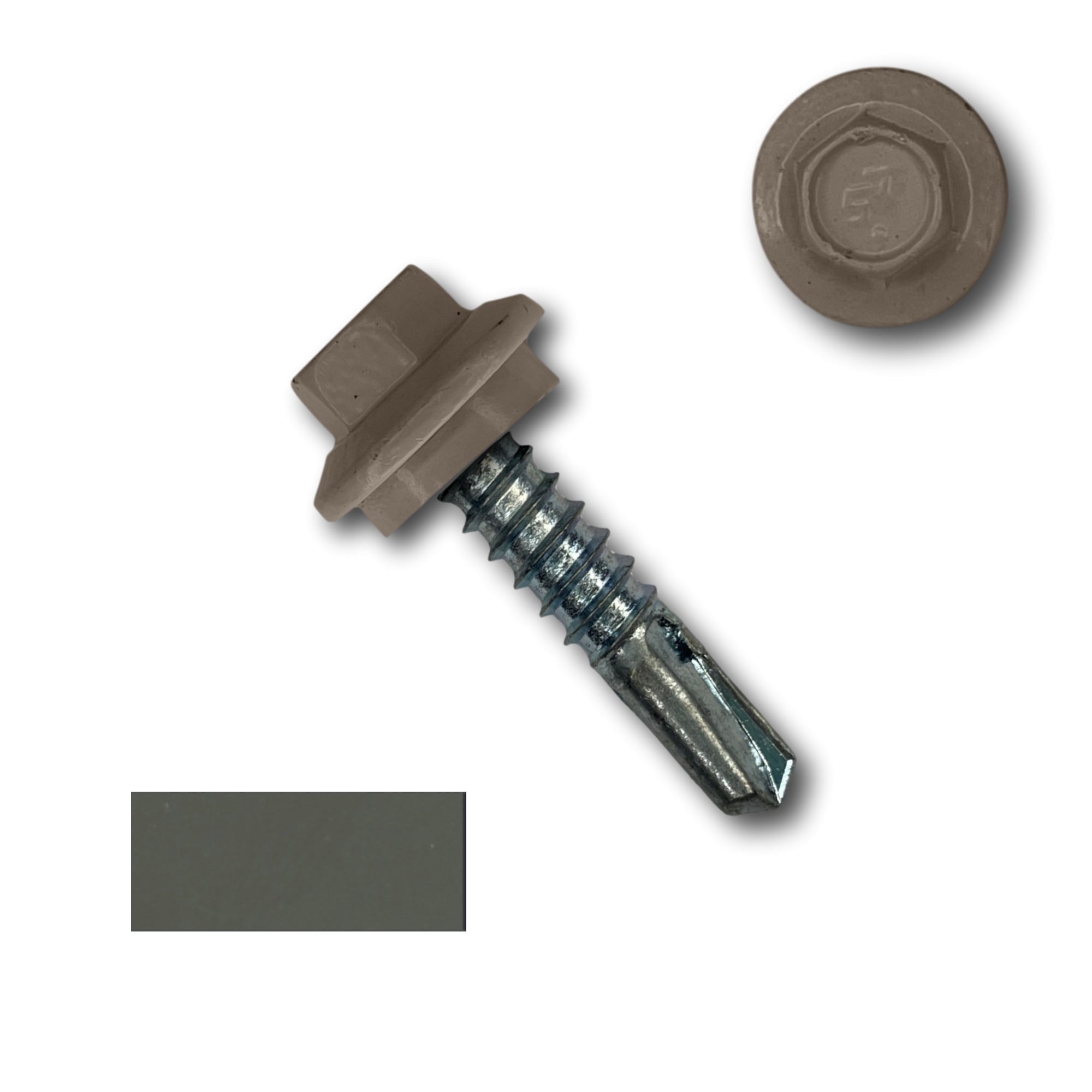 A number 12 Diameter Metal Roofing Screw that is 1 inch long with a 5/16 inch Hex Head and an EPDM Rubber Washer. The screw features a self-drilling tip for drilling into steel purlins. There is a color swatch of the screw head in the bottom left corner and a close-up of the screw head in the top right corner. The screw head is Burnished Slate in color.
