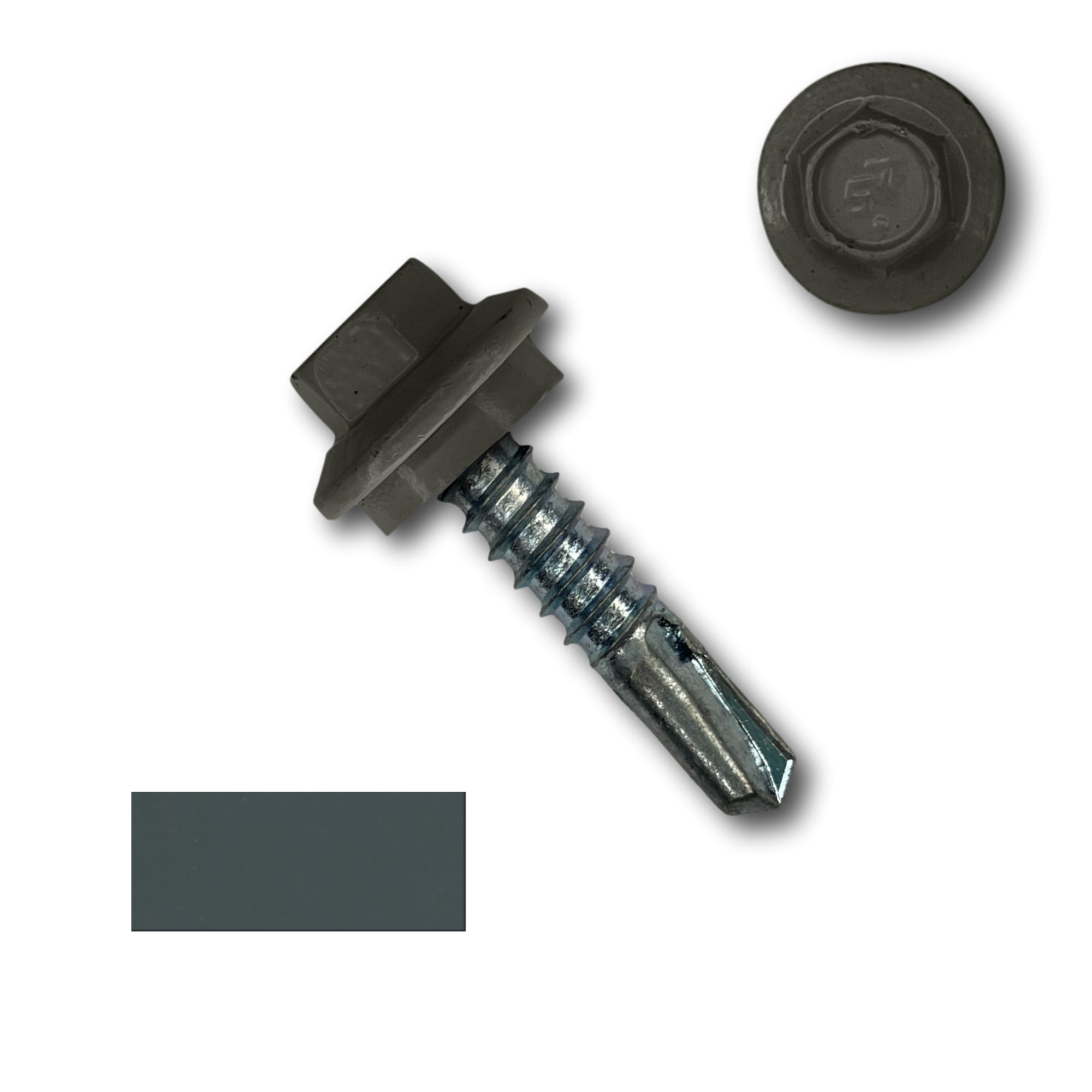 A number 12 Diameter Metal Roofing Screw that is 1 inch long with a 5/16 inch Hex Head and an EPDM Rubber Washer. The screw features a self-drilling tip for drilling into steel purlins. There is a color swatch of the screw head in the bottom left corner and a close-up of the screw head in the top right corner. The screw head is Charcoal Gray in color.