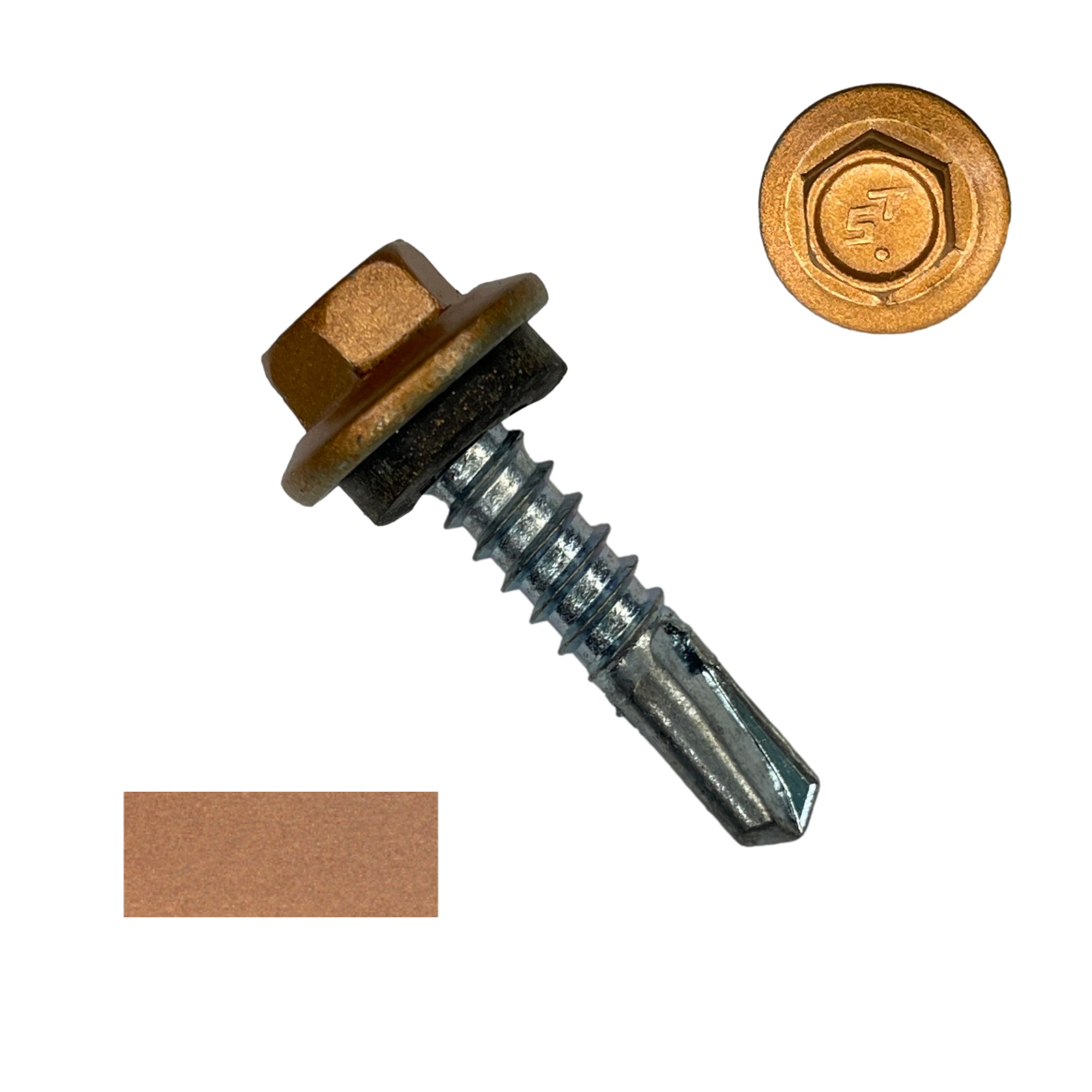 A number 12 Diameter Metal Roofing Screw that is 1 inch long with a 5/16 inch Hex Head and an EPDM Rubber Washer. The screw features a self-drilling tip for drilling into steel purlins. There is a color swatch of the screw head in the bottom left corner and a close-up of the screw head in the top right corner. The screw head is Copper Metallic in color.
