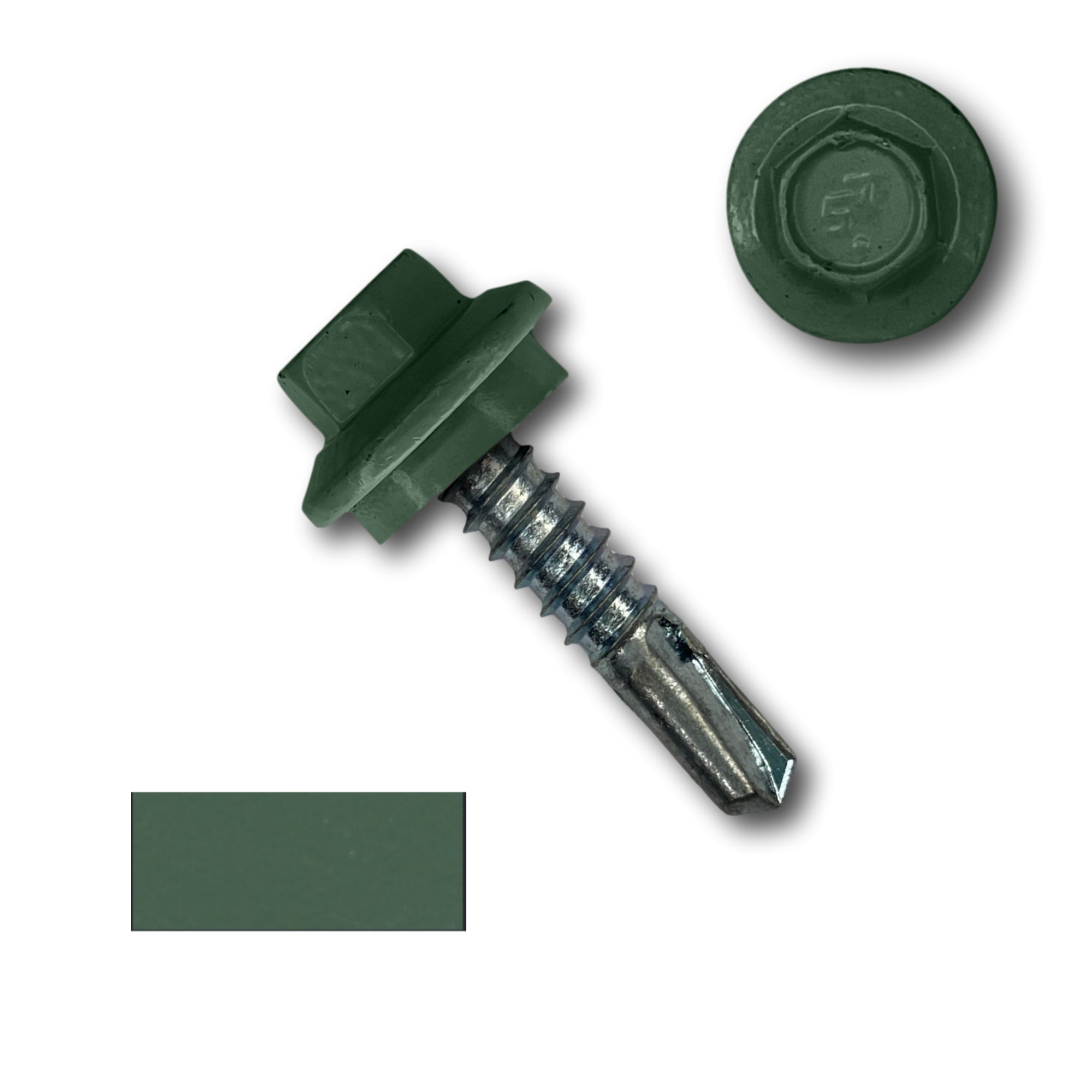 A number 12 Diameter Metal Roofing Screw that is 1 inch long with a 5/16 inch Hex Head and an EPDM Rubber Washer. The screw features a self-drilling tip for drilling into steel purlins. There is a color swatch of the screw head in the bottom left corner and a close-up of the screw head in the top right corner. The screw head is Evergreen in color.