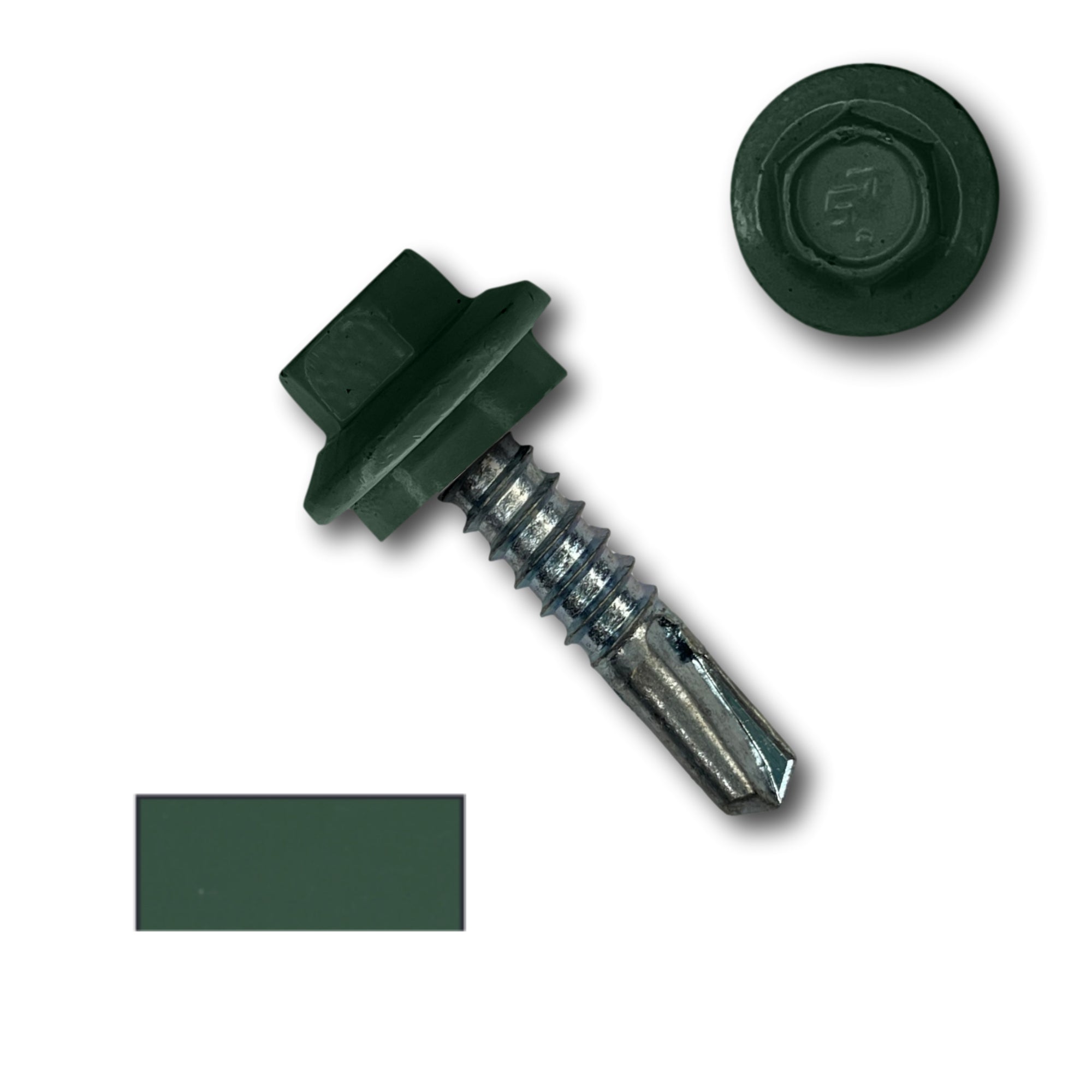 A number 12 Diameter Metal Roofing Screw that is 1 inch long with a 5/16 inch Hex Head and an EPDM Rubber Washer. The screw features a self-drilling tip for drilling into steel purlins. There is a color swatch of the screw head in the bottom left corner and a close-up of the screw head in the top right corner. The screw head is Forest Green in color.