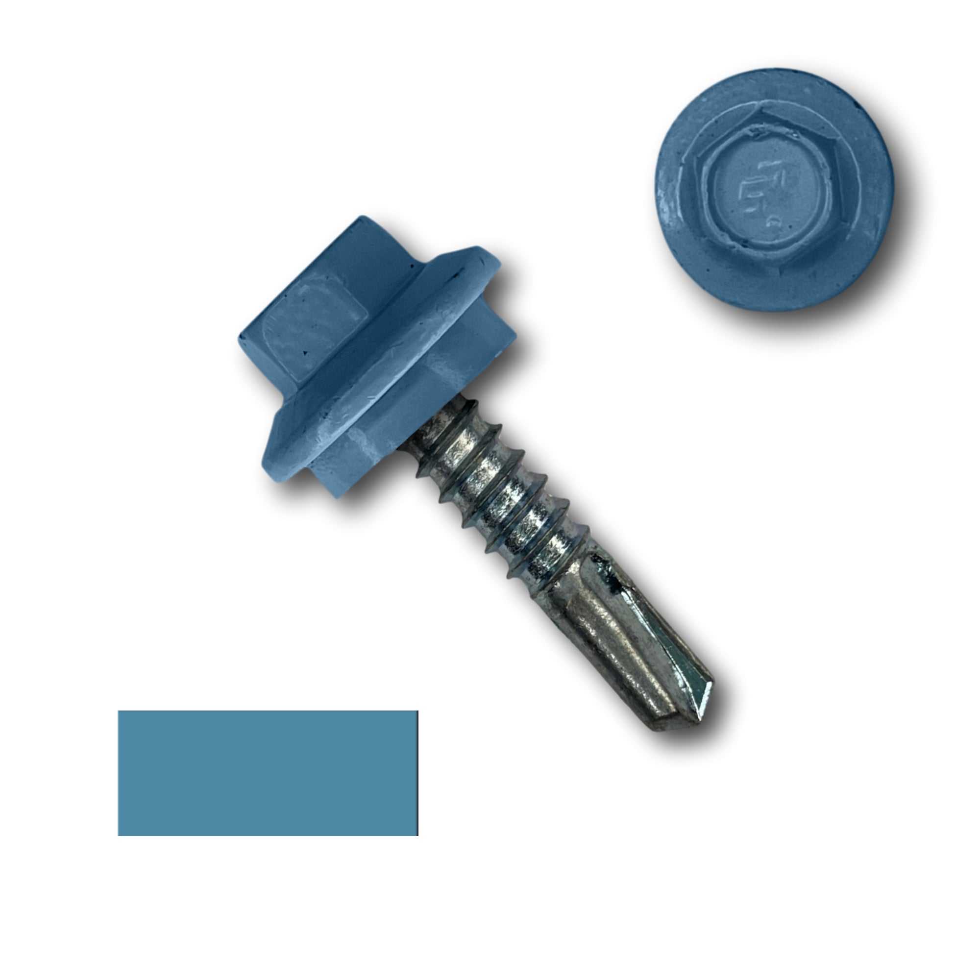 A number 12 Diameter Metal Roofing Screw that is 1 inch long with a 5/16 inch Hex Head and an EPDM Rubber Washer. The screw features a self-drilling tip for drilling into steel purlins. There is a color swatch of the screw head in the bottom left corner and a close-up of the screw head in the top right corner. The screw head is Hawaiian Blue in color.