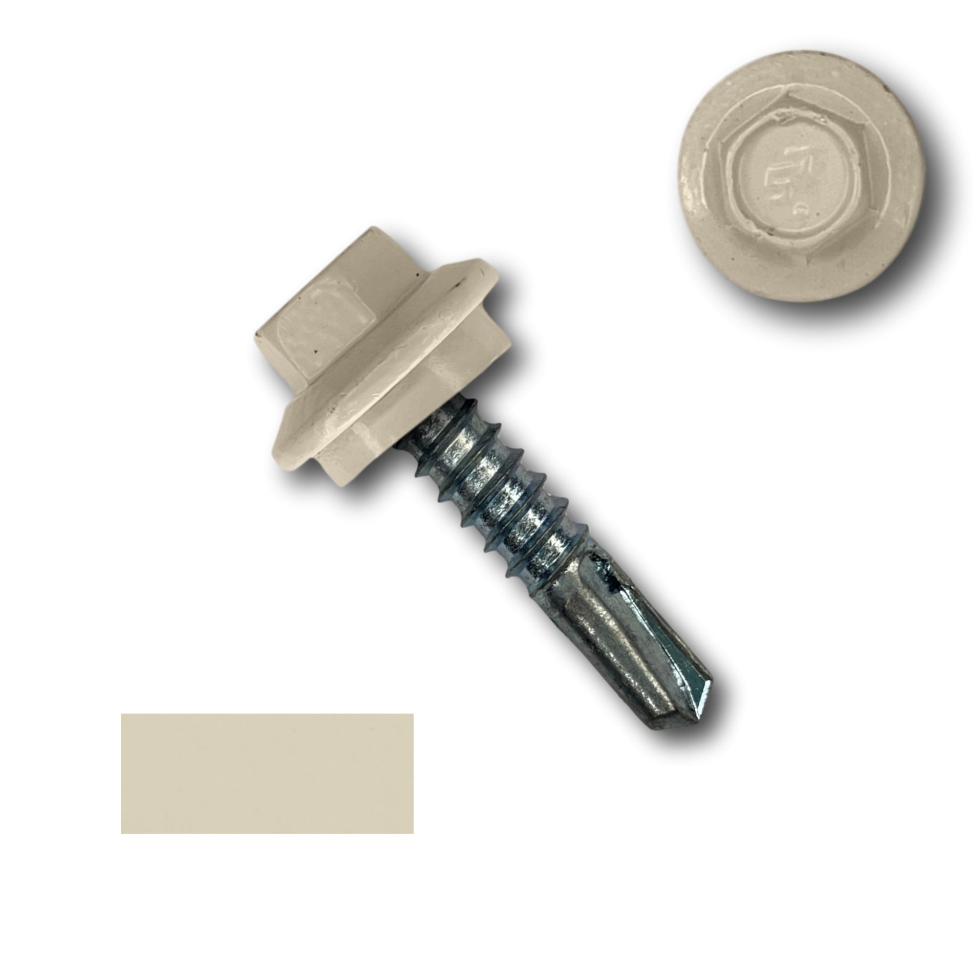 A number 12 Diameter Metal Roofing Screw that is 1 inch long with a 5/16 inch Hex Head and an EPDM Rubber Washer. The screw features a self-drilling tip for drilling into steel purlins. There is a color swatch of the screw head in the bottom left corner and a close-up of the screw head in the top right corner. The screw head is Lightstone in color.