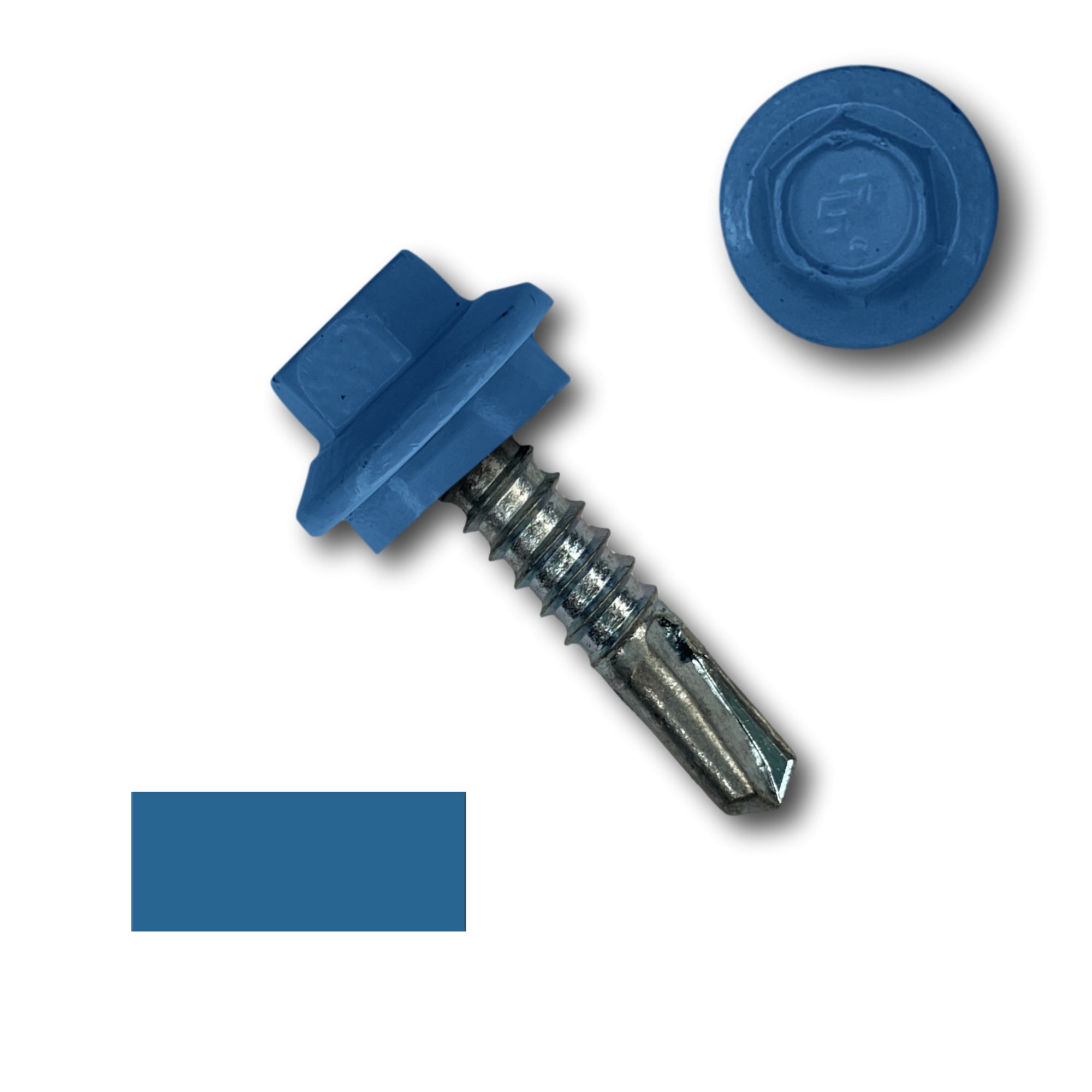 A number 12 Diameter Metal Roofing Screw that is 1 inch long with a 5/16 inch Hex Head and an EPDM Rubber Washer. The screw features a self-drilling tip for drilling into steel purlins. There is a color swatch of the screw head in the bottom left corner and a close-up of the screw head in the top right corner. The screw head is Regal Blue in color.