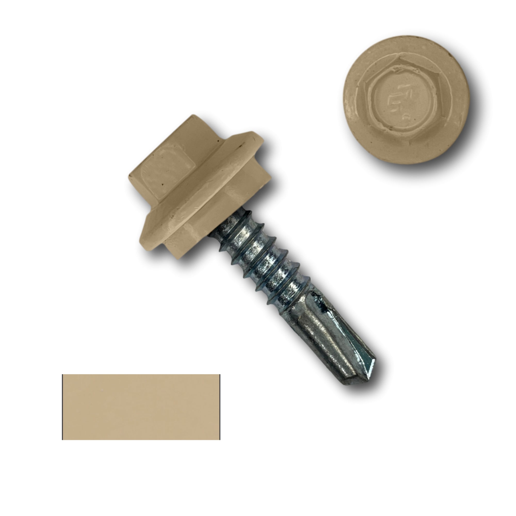 A number 12 Diameter Metal Roofing Screw that is 1 inch long with a 5/16 inch Hex Head and an EPDM Rubber Washer. The screw features a self-drilling tip for drilling into steel purlins. There is a color swatch of the screw head in the bottom left corner and a close-up of the screw head in the top right corner. The screw head is Sahara Tan in color.