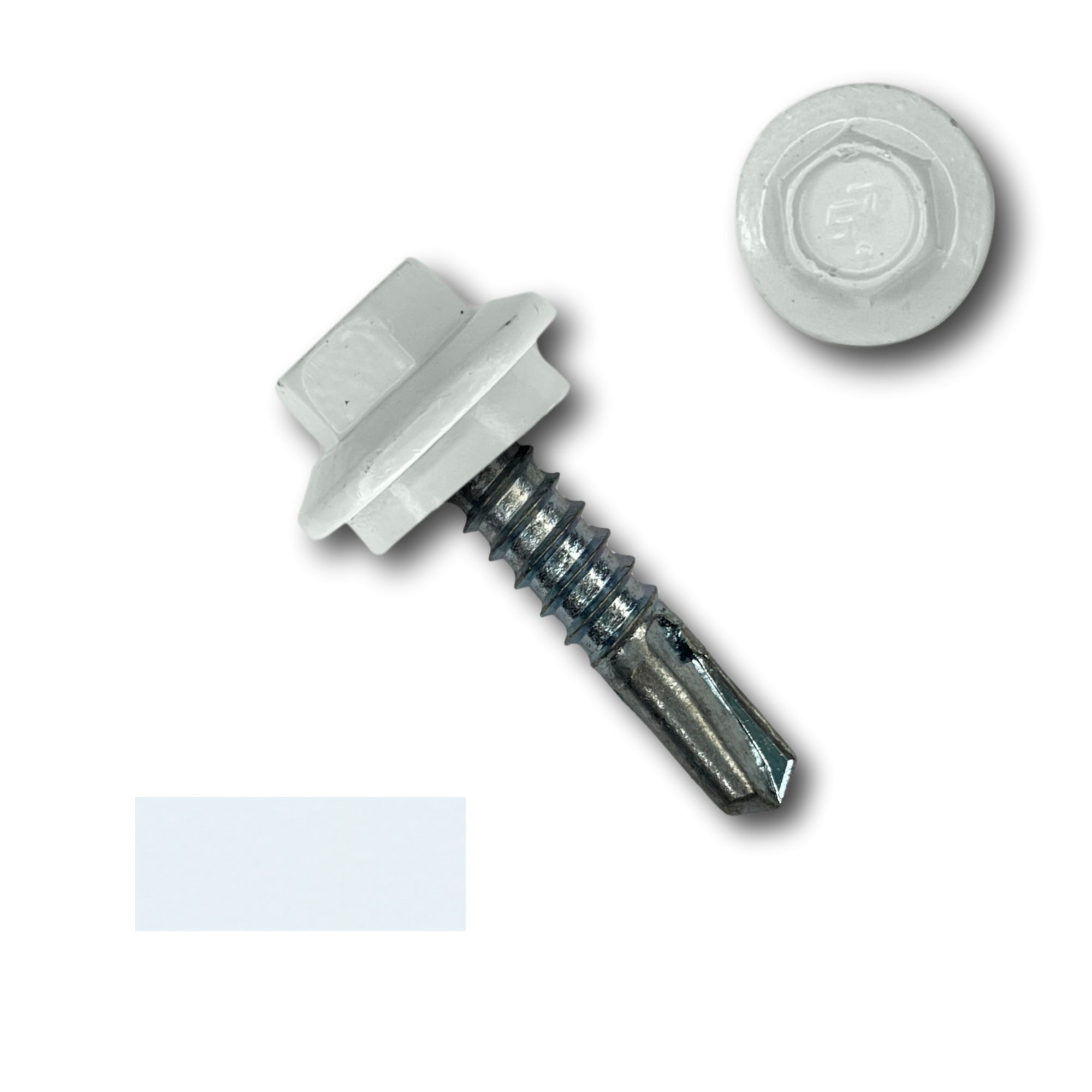 A number 12 Diameter Metal Roofing Screw that is 1 inch long with a 5/16 inch Hex Head and an EPDM Rubber Washer. The screw features a self-drilling tip for drilling into steel purlins. There is a color swatch of the screw head in the bottom left corner and a close-up of the screw head in the top right corner. The screw head is White in color.