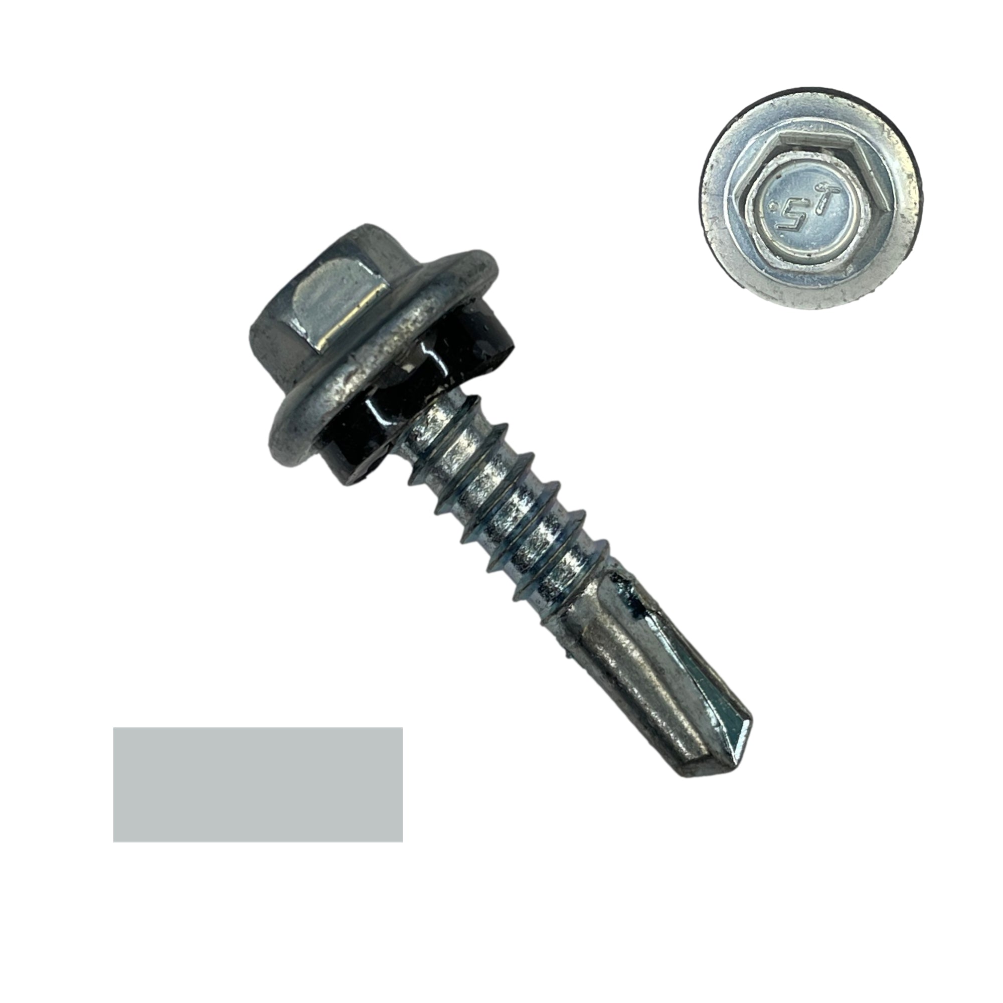 A number 12 Diameter Metal Roofing Screw that is 1 inch long with a 5/16 inch Hex Head and an EPDM Rubber Washer. The screw features a self-drilling tip for drilling into steel purlins. There is a color swatch of the screw head in the bottom left corner and a close-up of the screw head in the top right corner. The screw is Zinc/Unpainted in color.