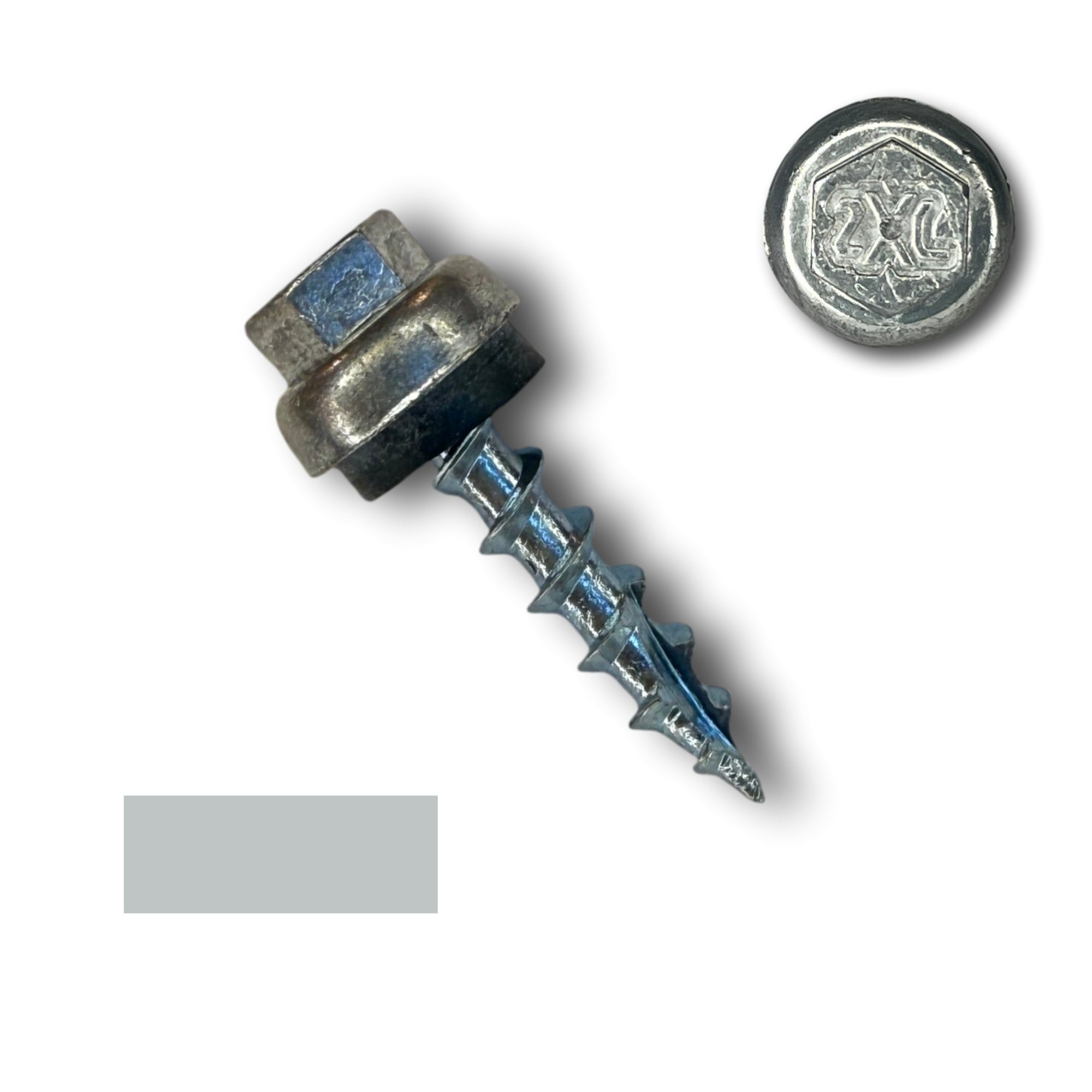 A number 12 Diameter Metal Roofing Screw that is 1 inches long with a 5/16 inch Hex Head and an EPDM Rubber Washer. The screw features a Type 17 Sharp Tip for piercing into wood and a Dome Cap that completely covers the washer. There is a color swatch of the screw head in the bottom left corner and a close-up of the screw head in the top right corner. The screw is Zinc/Unpainted in color.