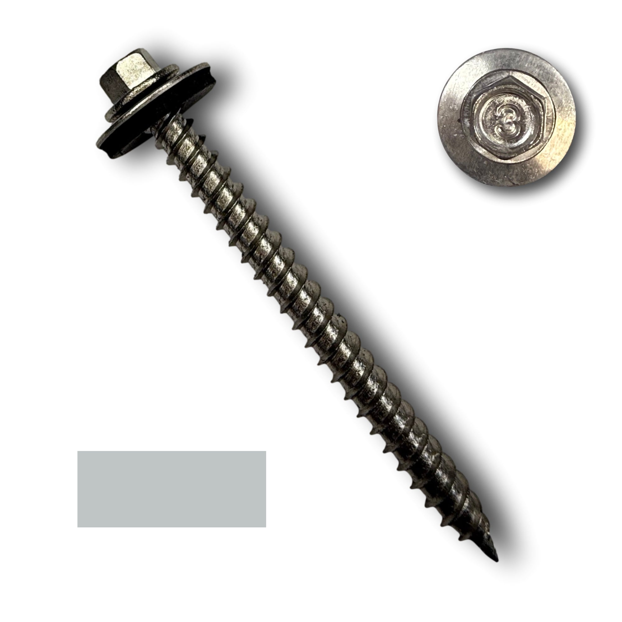 A #12 diameter stainless steel metal roofing screw that is 2.5 inches long.