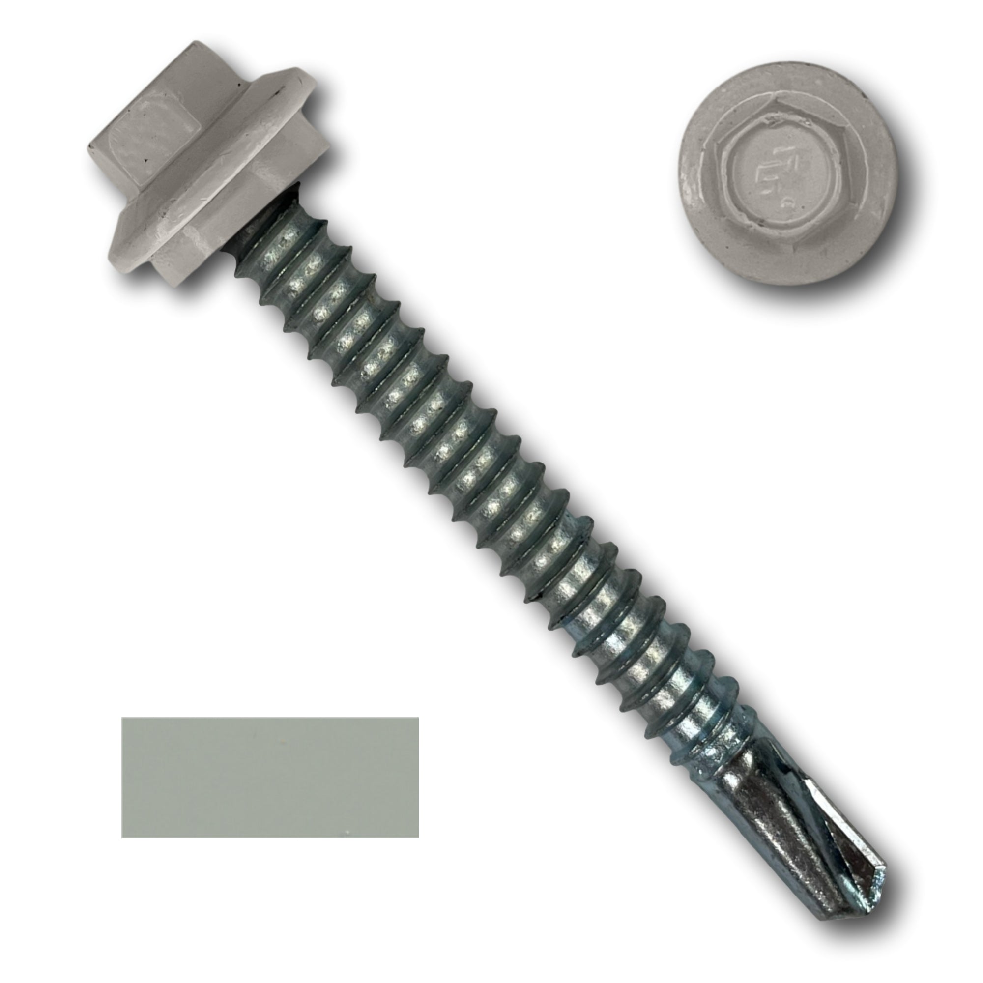 A number 12 Diameter Metal Roofing Screw that is 2 inches long with a 5/16 inch Hex Head and an EPDM Rubber Washer. The screw features a self-drilling tip for drilling into steel purlins. There is a color swatch of the screw head in the bottom left corner and a close-up of the screw head in the top right corner. The screw head is Ash Gray in color.