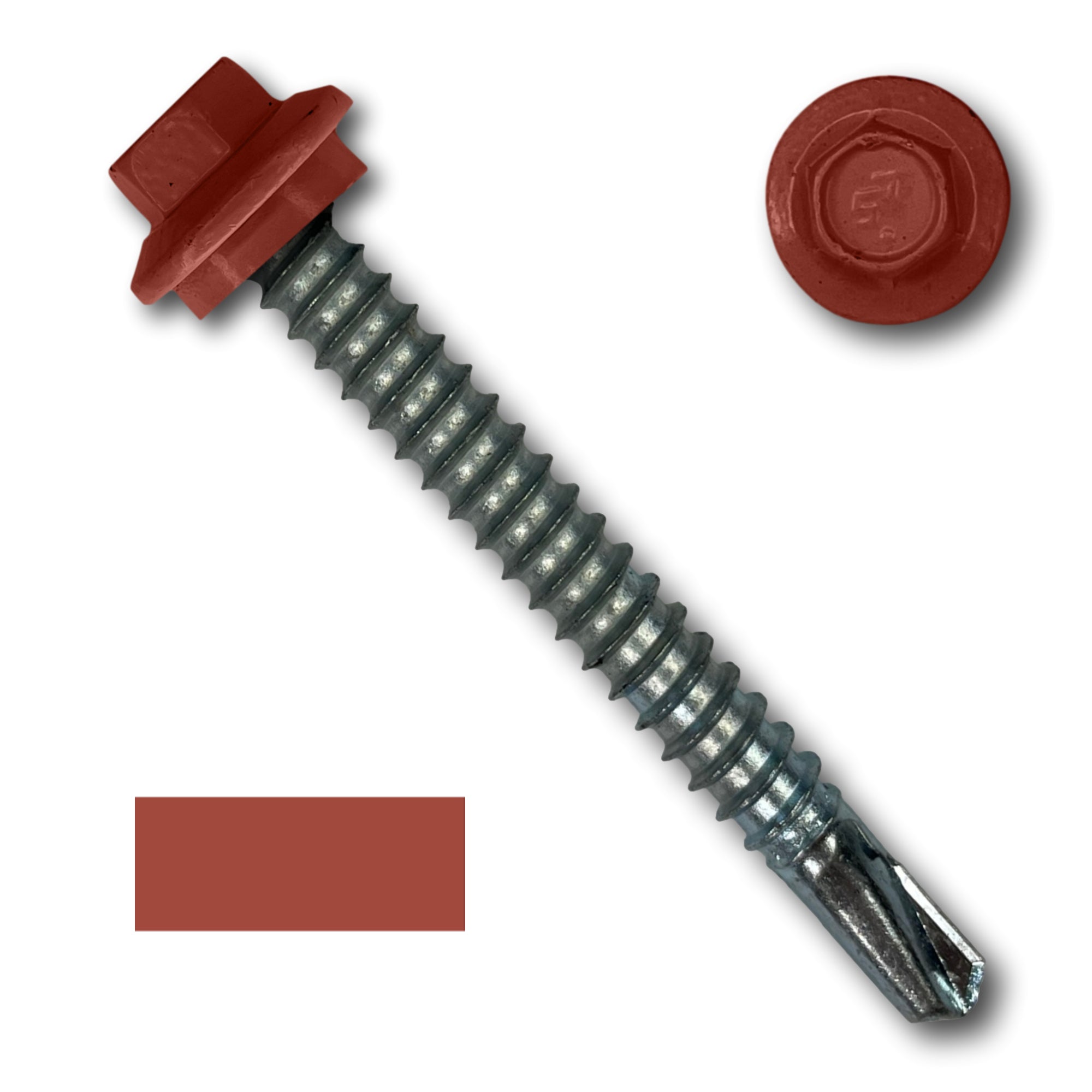 A number 12 Diameter Metal Roofing Screw that is 2 inches long with a 5/16 inch Hex Head and an EPDM Rubber Washer. The screw features a self-drilling tip for drilling into steel purlins. There is a color swatch of the screw head in the bottom left corner and a close-up of the screw head in the top right corner. The screw head is Barn Red in color.
