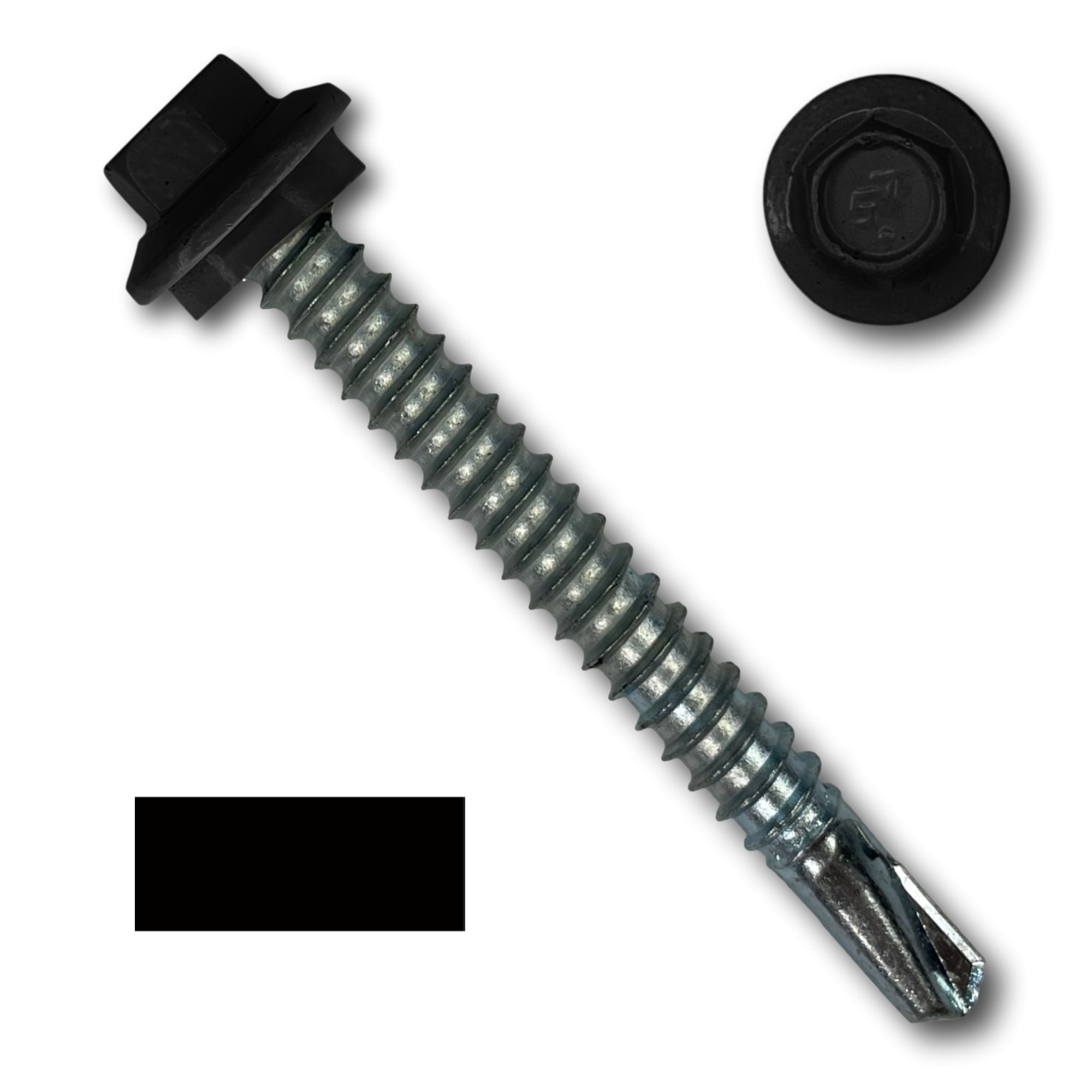 A number 12 Diameter Metal Roofing Screw that is 2 inches long with a 5/16 inch Hex Head and an EPDM Rubber Washer. The screw features a self-drilling tip for drilling into steel purlins. There is a color swatch of the screw head in the bottom left corner and a close-up of the screw head in the top right corner. The screw head is Black in color.
