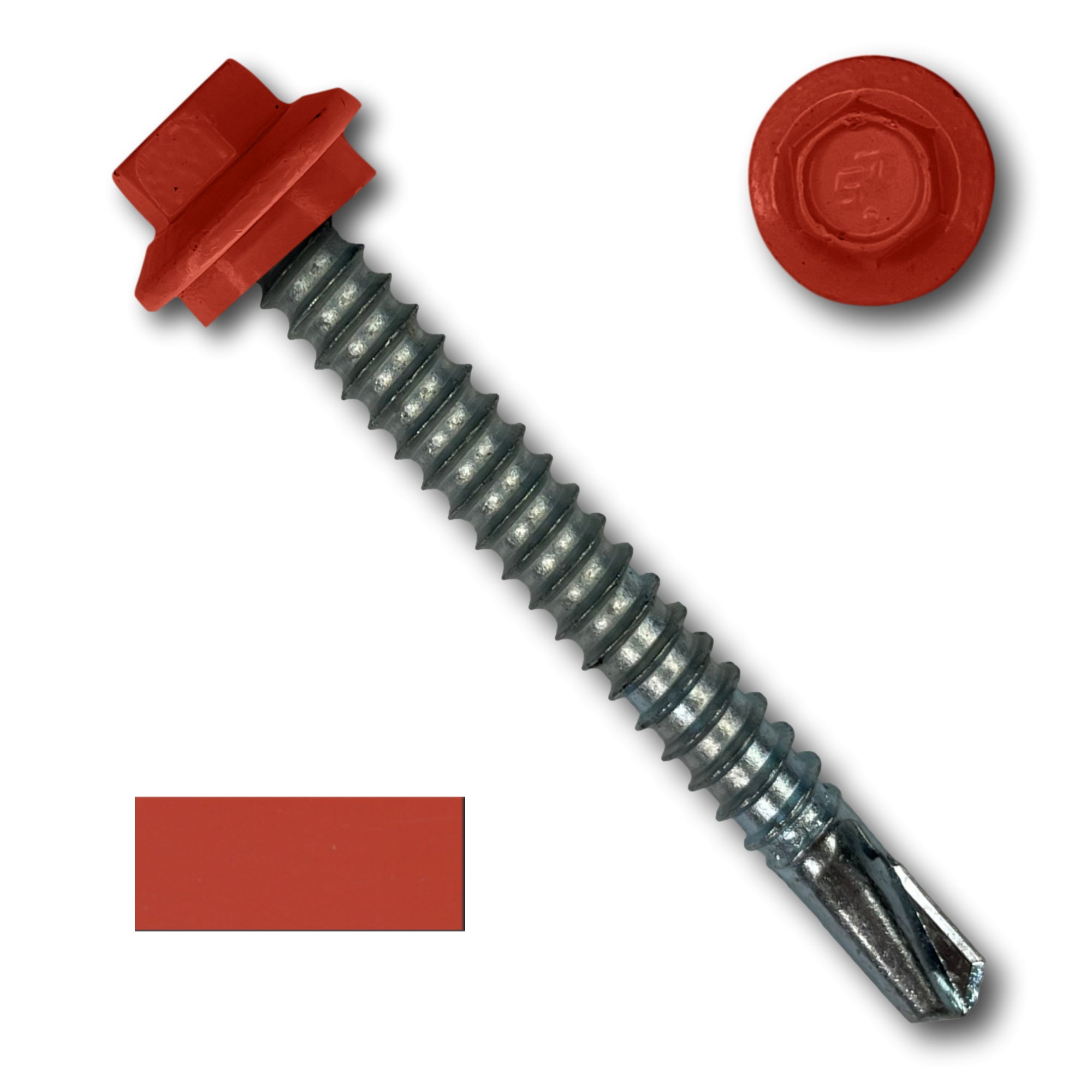 A number 12 Diameter Metal Roofing Screw that is 2 inches long with a 5/16 inch Hex Head and an EPDM Rubber Washer. The screw features a self-drilling tip for drilling into steel purlins. There is a color swatch of the screw head in the bottom left corner and a close-up of the screw head in the top right corner. The screw head is Bright Red in color.